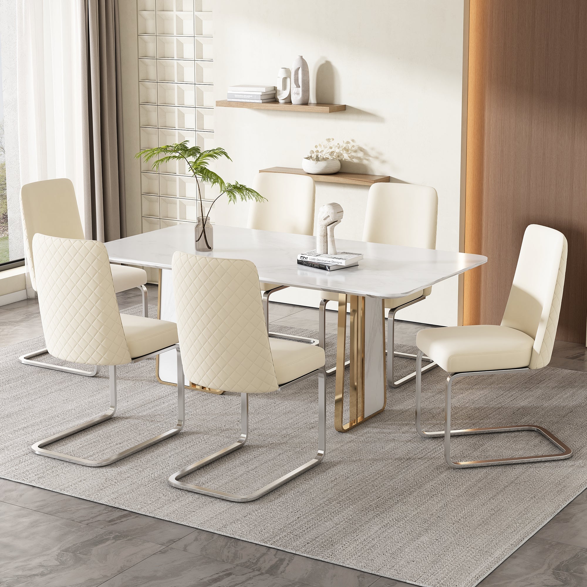 Velvet Dining Chair Set of 6, Diamond Back Design with Silver Metal Legs, Beige Velvet - Image 4