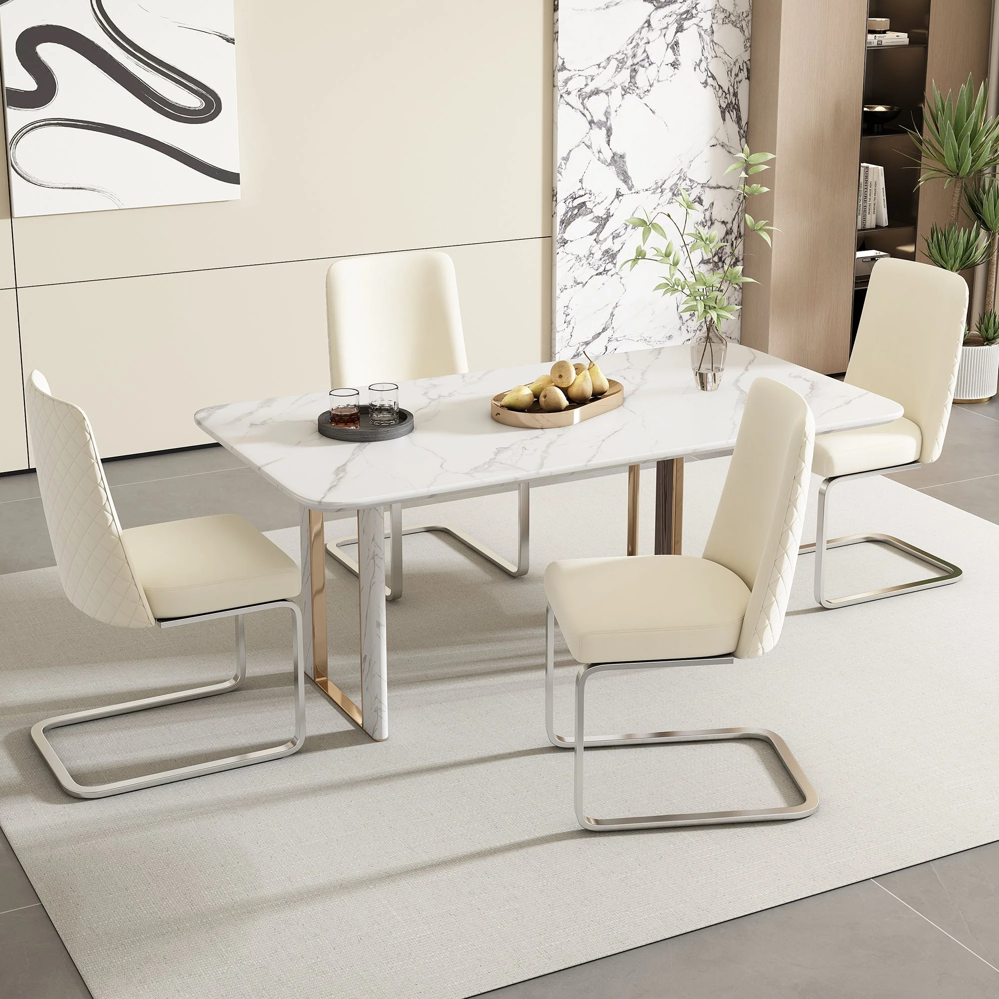 Velvet Dining Chair Set of 6, Diamond Back Design with Silver Metal Legs, Beige Velvet - Image 5