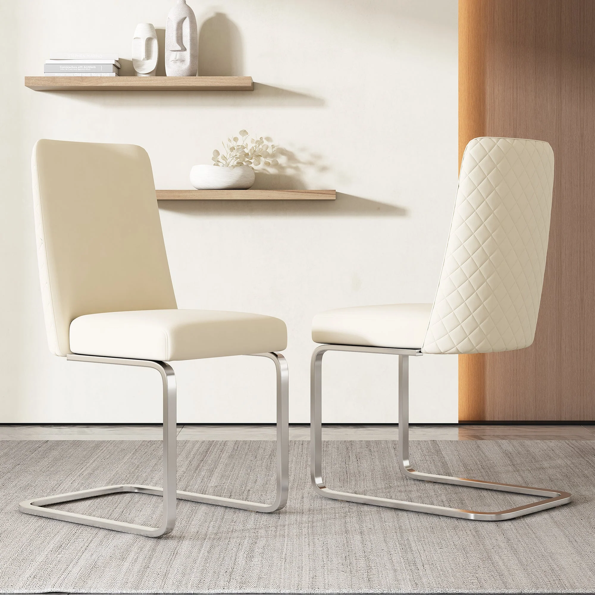 Velvet Dining Chair Set of 6, Diamond Back Design with Silver Metal Legs, Beige Velvet - Image 6
