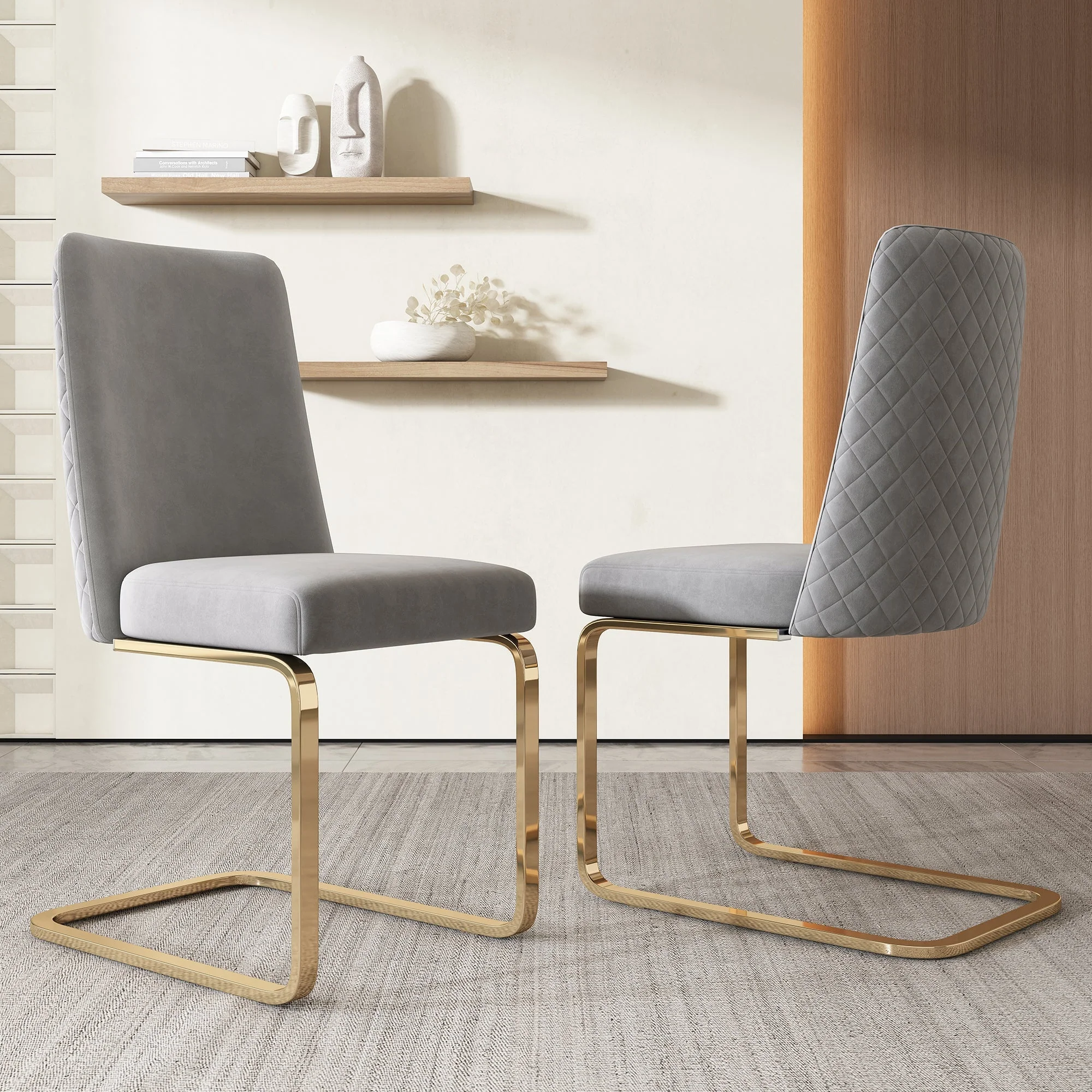 Velvet Dining Chair Set of 6 Diamond Back Gold Metal Legs Grey - Image 6