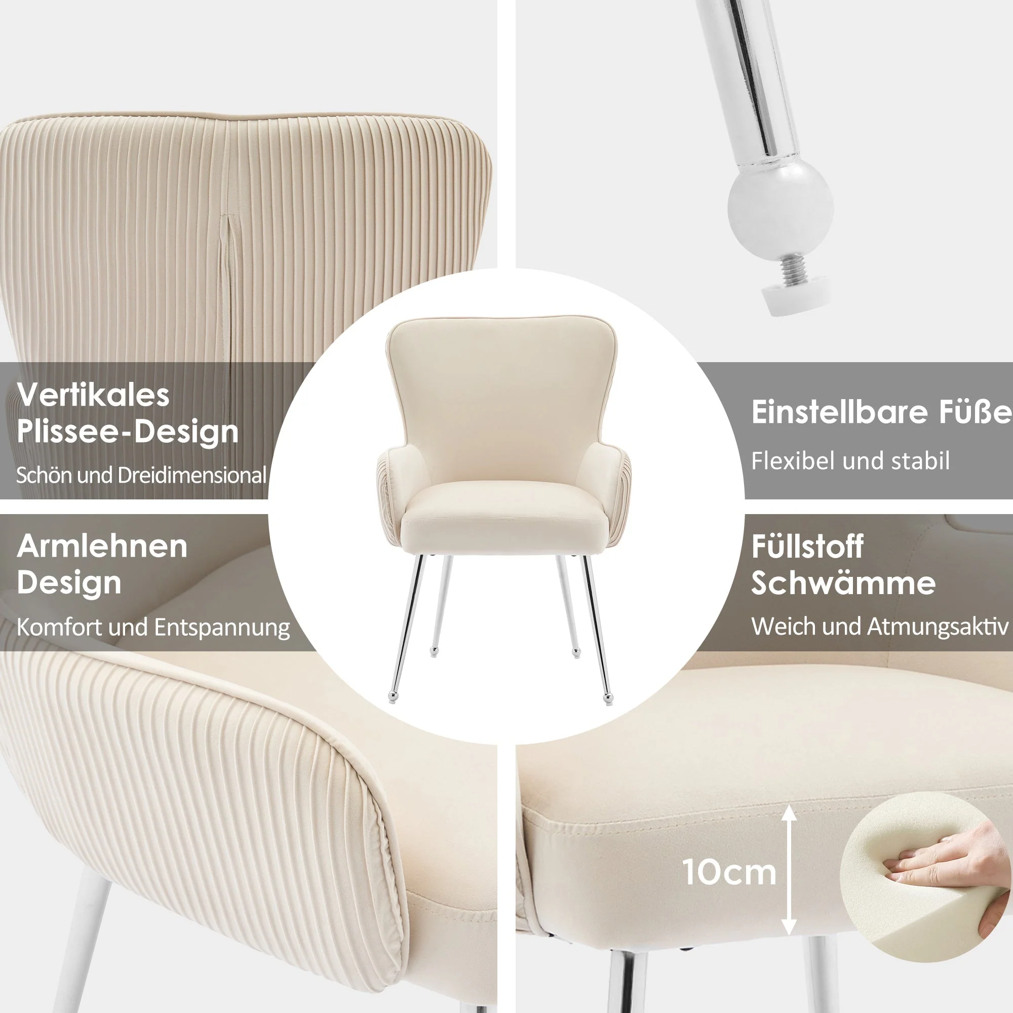 Velvet Dining Chair Set of 6 Lounge Armrests Lumbar Support - Beige Velvet - Image 4