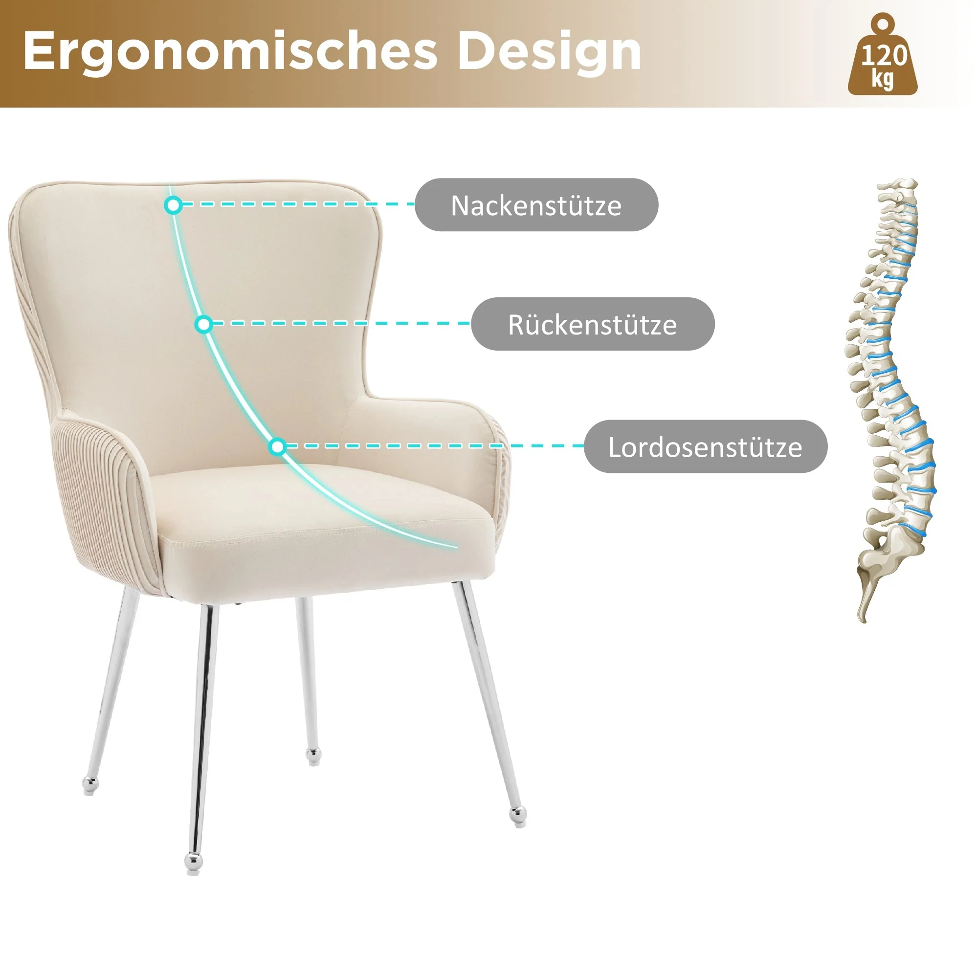 Velvet Dining Chair Set of 6 Lounge Armrests Lumbar Support - Beige Velvet - Image 5