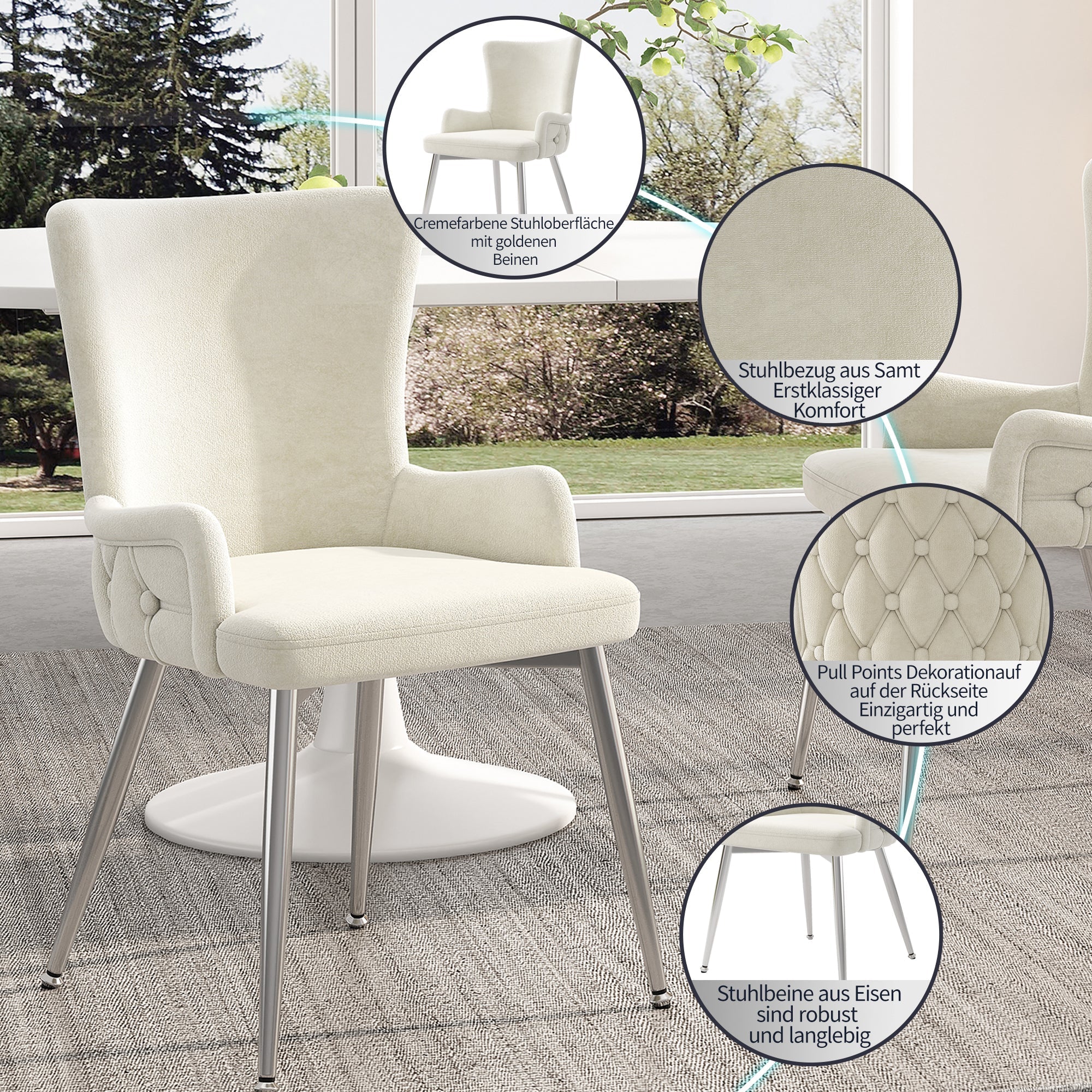 Velvet Dining Chair, Set of 6 Luxurious Lounge Chairs with Silver Metal Legs, Beige - Image 4