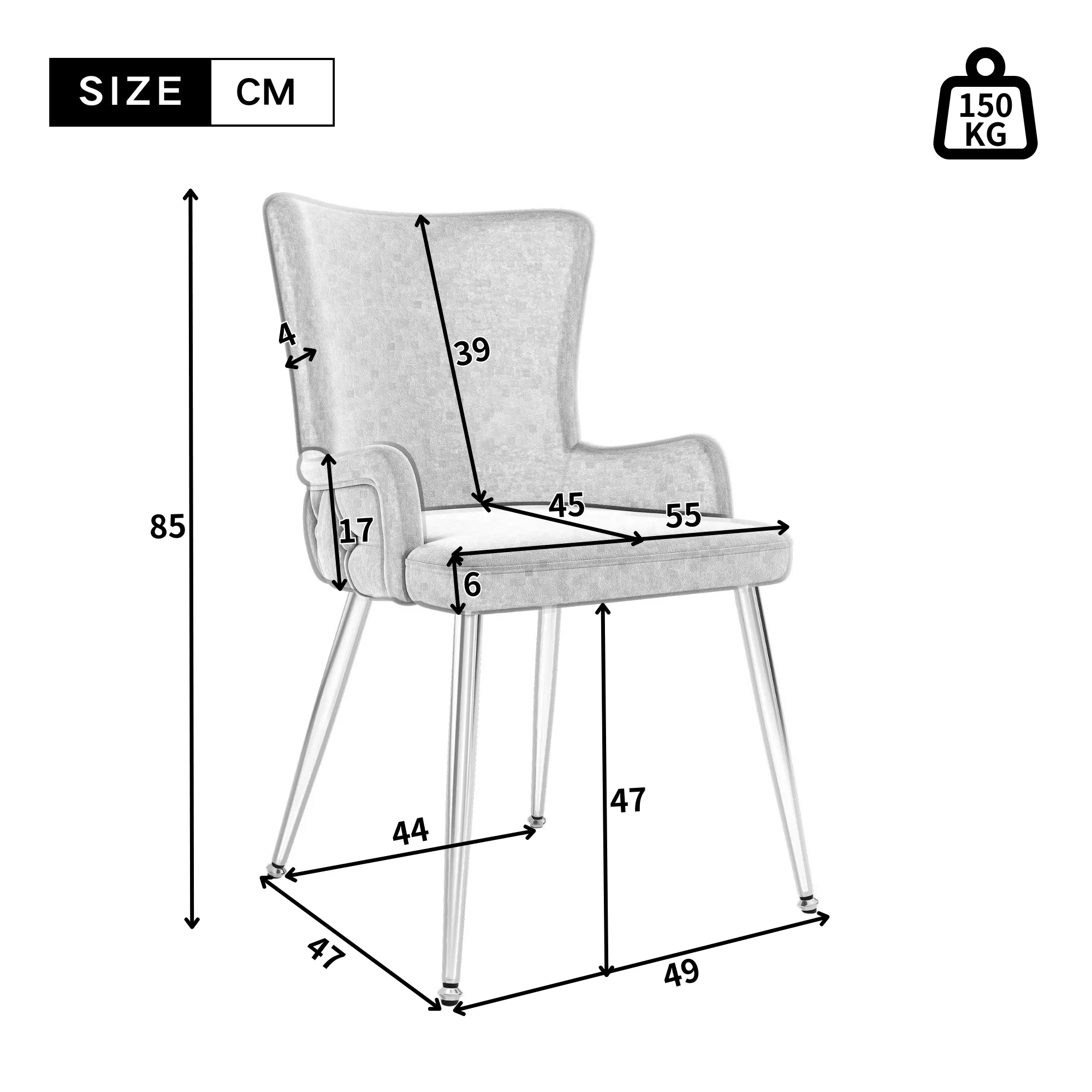 Velvet Dining Chair, Set of 6 Luxurious Lounge Chairs with Silver Metal Legs, Beige - Image 6