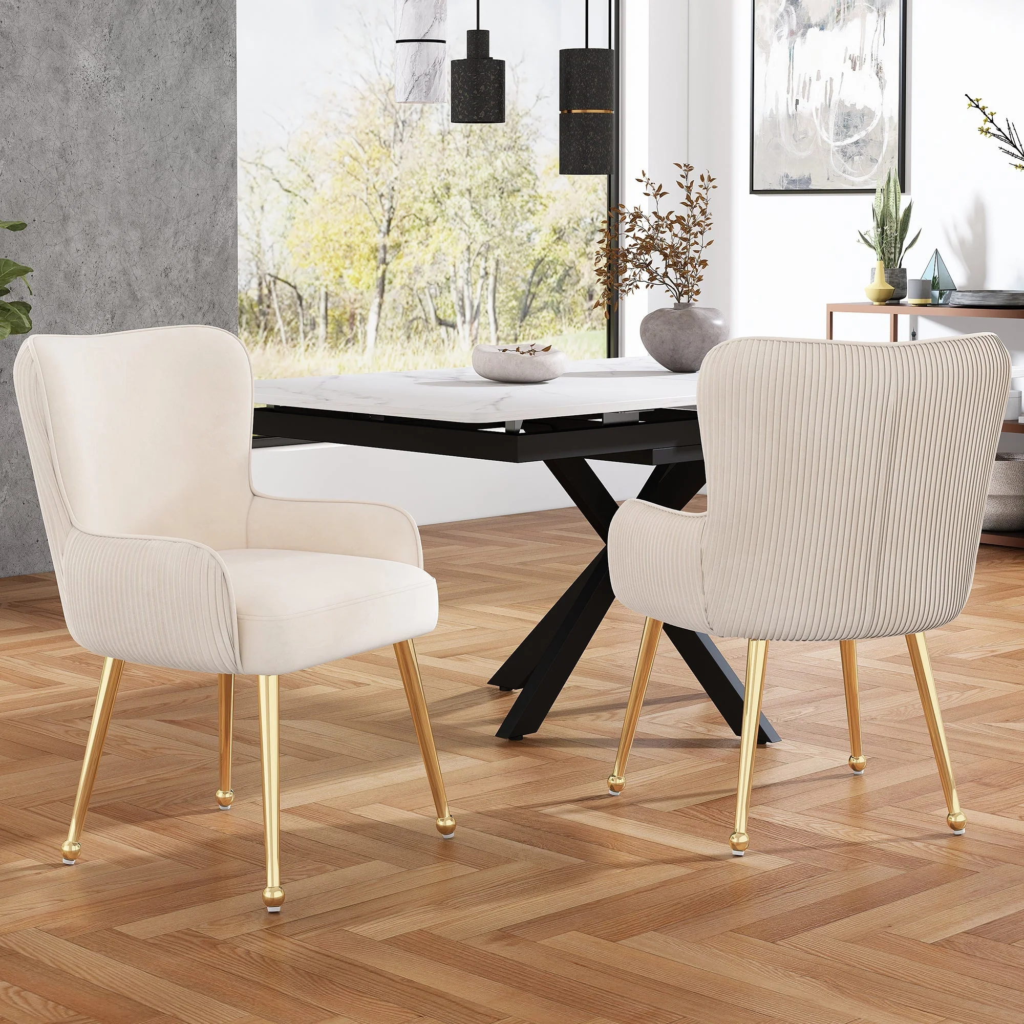 Velvet Dining Chair Set of 6, Luxurious Lounge with Armrests, Lumbar Support, Gold Legs, Beige - Image 3
