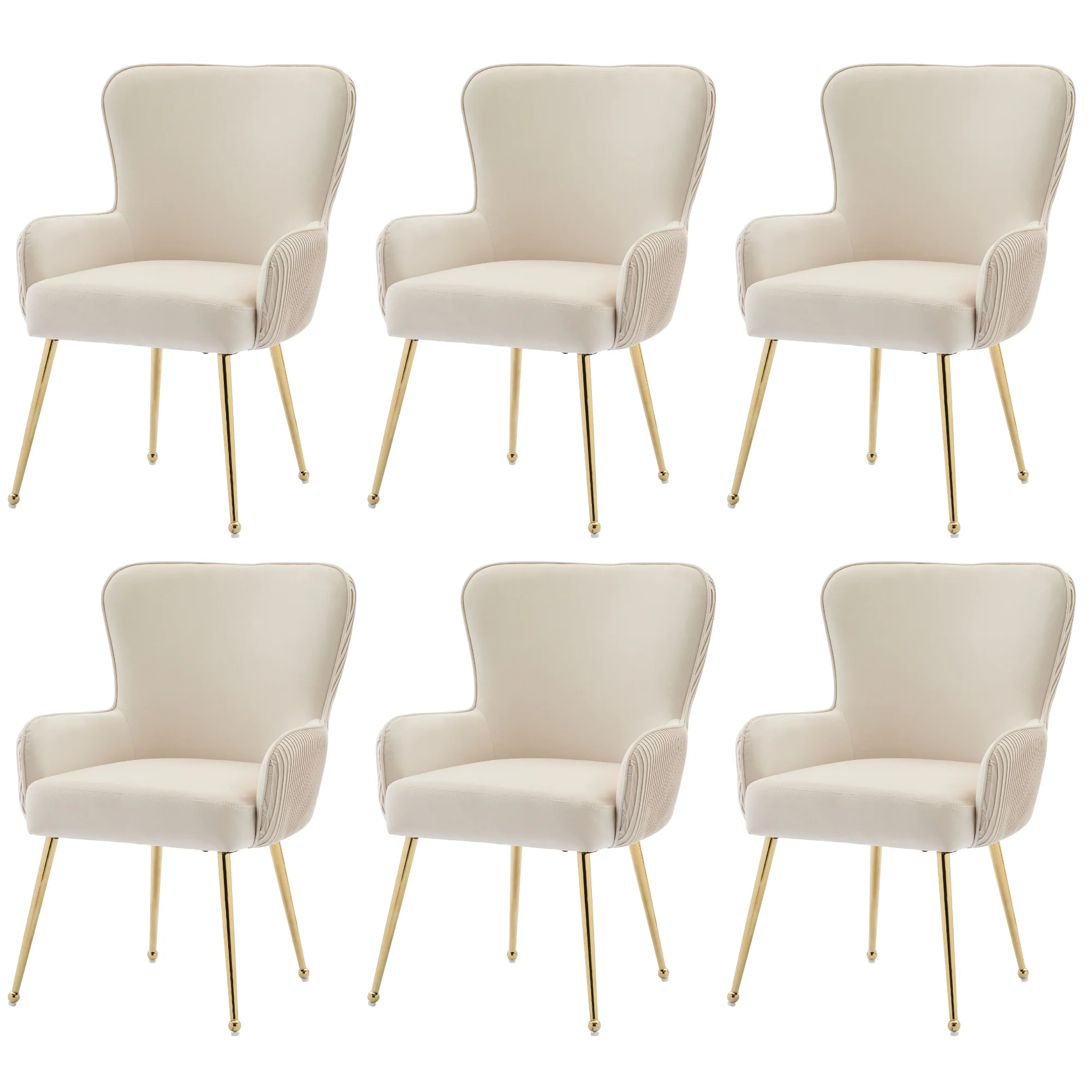 Velvet Dining Chair Set of 6, Luxurious Lounge with Armrests, Lumbar Support, Gold Legs, Beige - Image 7