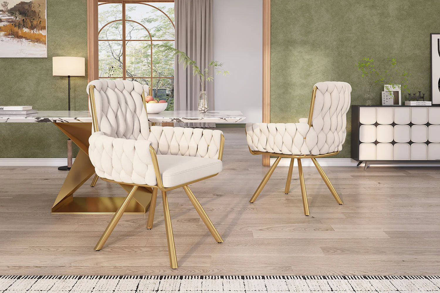 Velvet Dining Chair Set of 6, Luxury Swivel Armchair with Metal Legs, Beige - Image 10