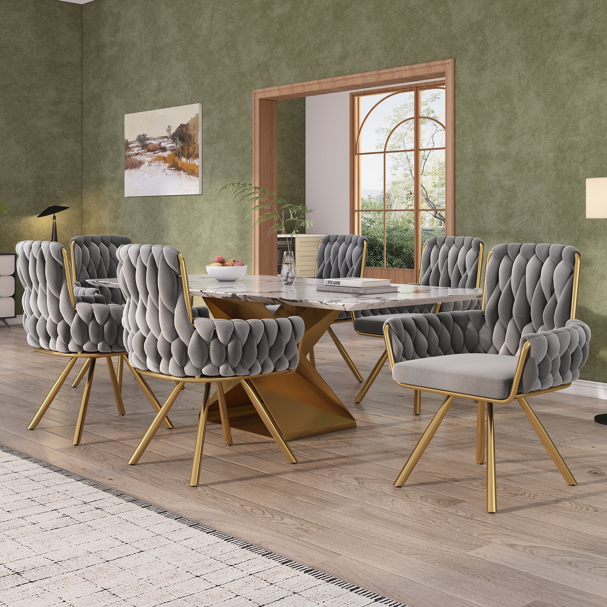Velvet Dining Chair, Set of 6 Luxury Swivel Leisure Chairs with Metal Legs, Grey Velvet