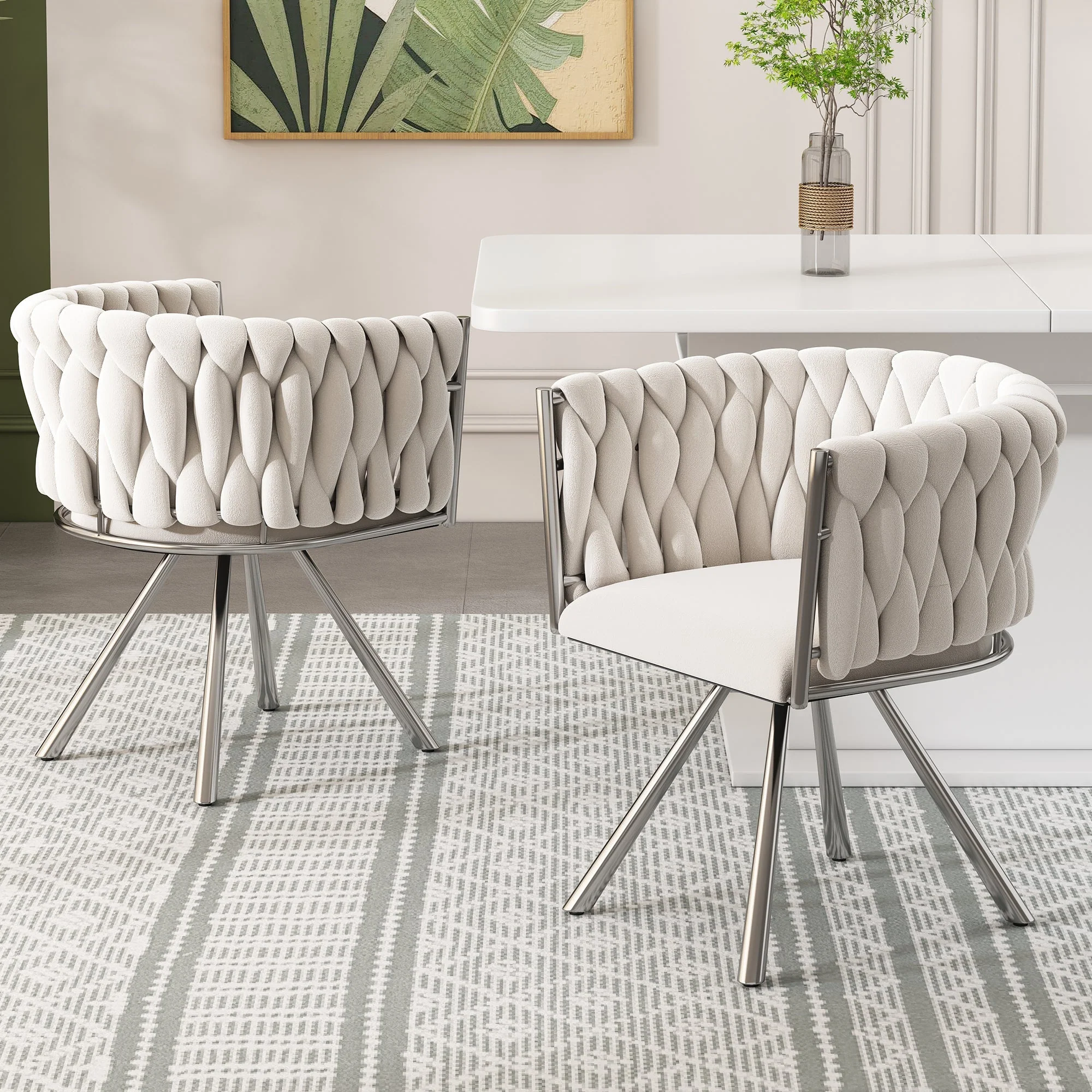 Velvet Dining Chair Set of 6 Swivel Metal Legs - Beige/Silver - Image 3