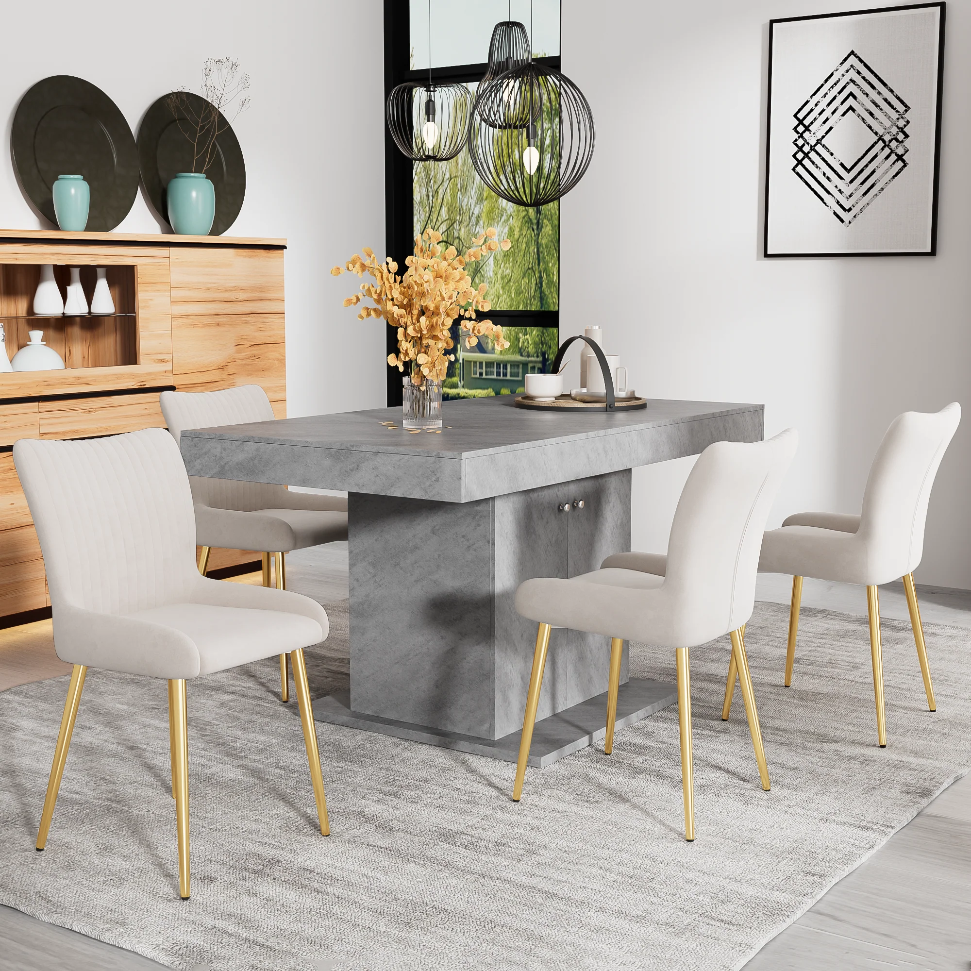 Velvet Dining Chair Set of 6 with Gold Metal Legs and Lumbar Support, Beige - Image 2