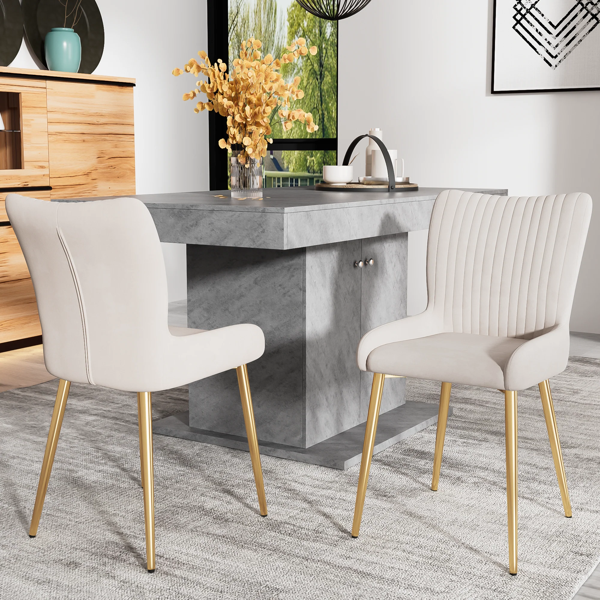 Velvet Dining Chair Set of 6 with Gold Metal Legs and Lumbar Support, Beige - Image 3
