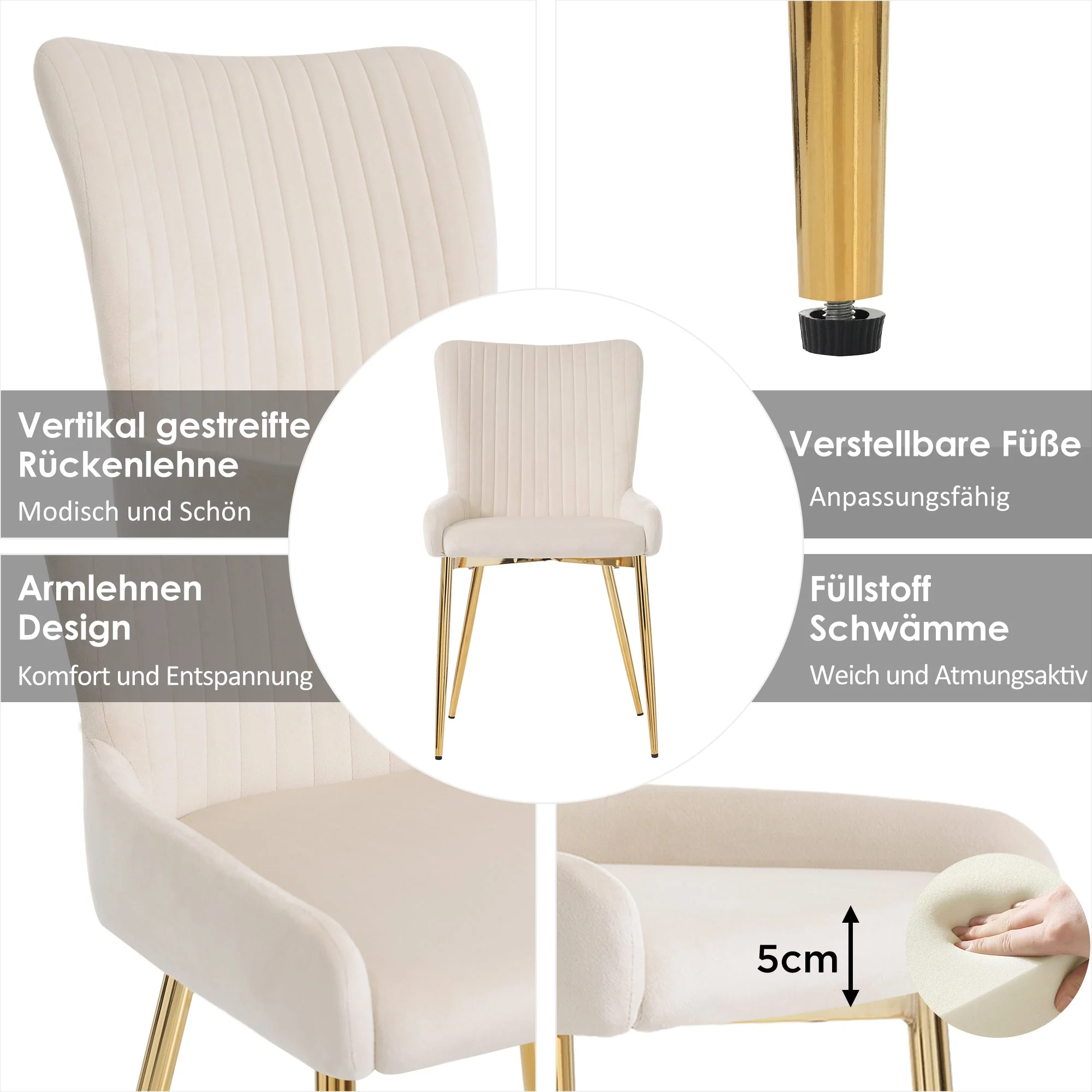 Velvet Dining Chair Set of 6 with Gold Metal Legs and Lumbar Support, Beige - Image 4