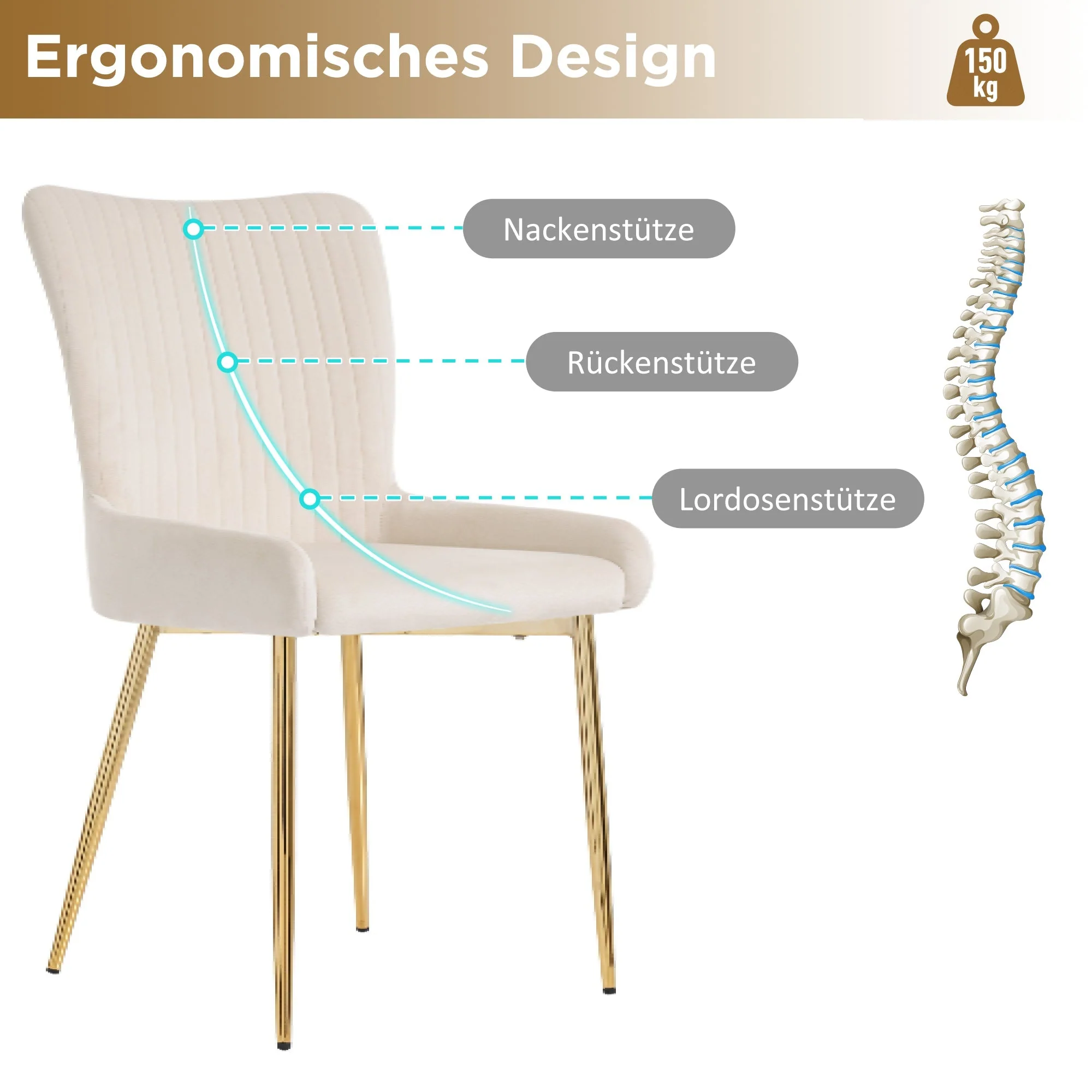 Velvet Dining Chair Set of 6 with Gold Metal Legs and Lumbar Support, Beige - Image 5