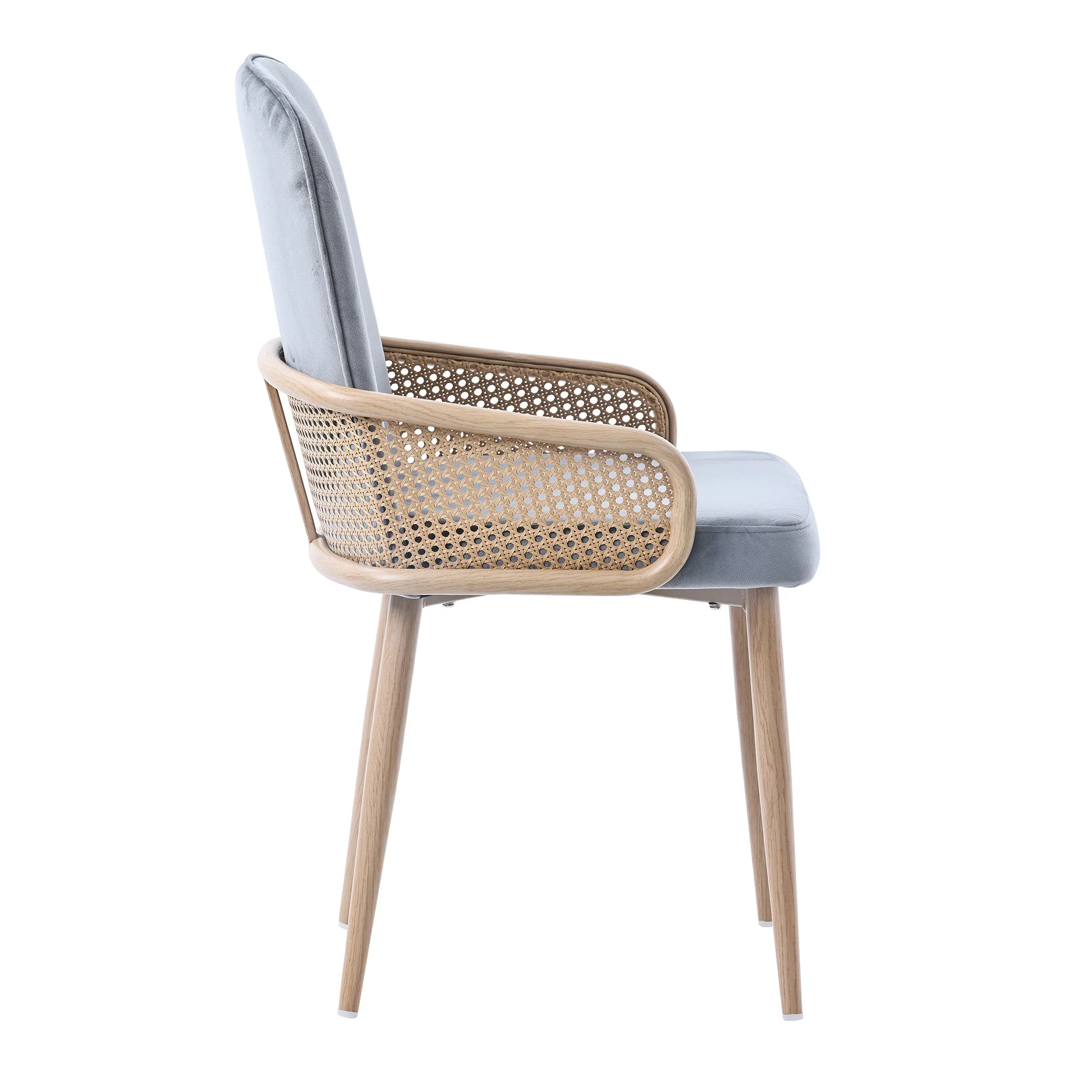 Velvet Dining Chair Set of 6 with Rattan Design and Metal Legs, Grey - Image 10
