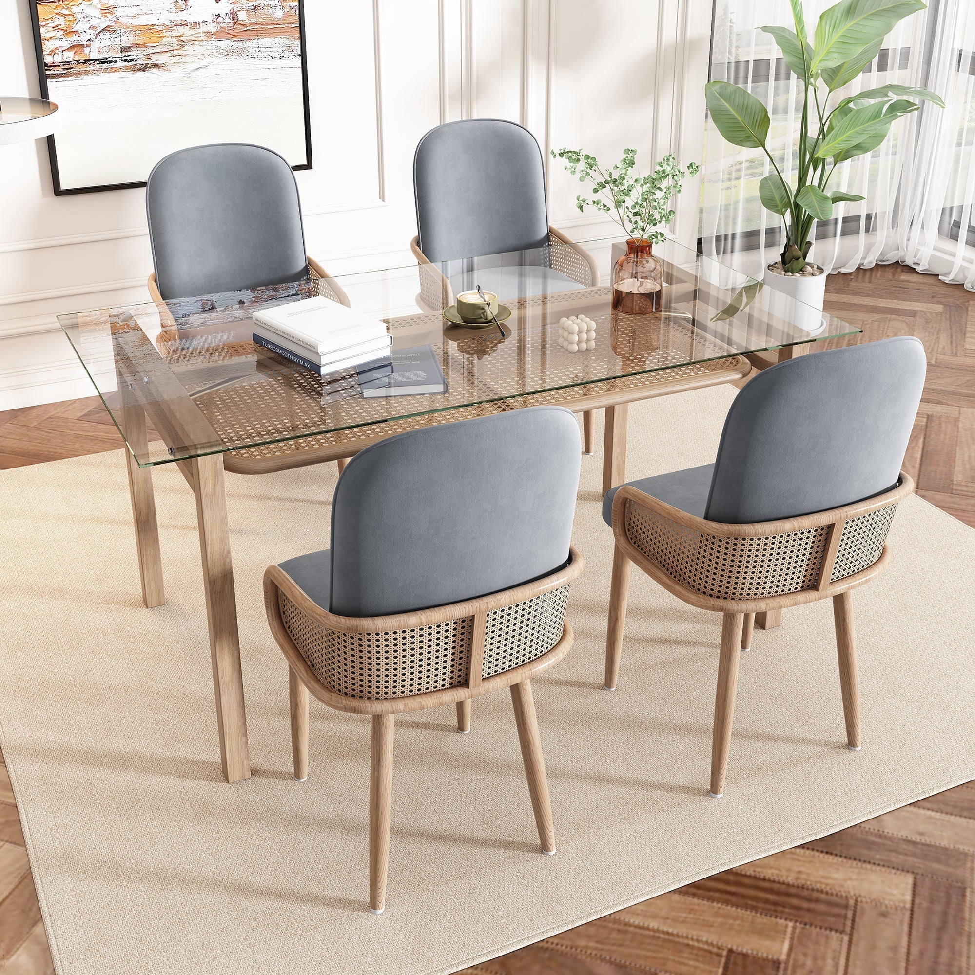Velvet Dining Chair Set of 6 with Rattan Design and Metal Legs, Grey - Image 2
