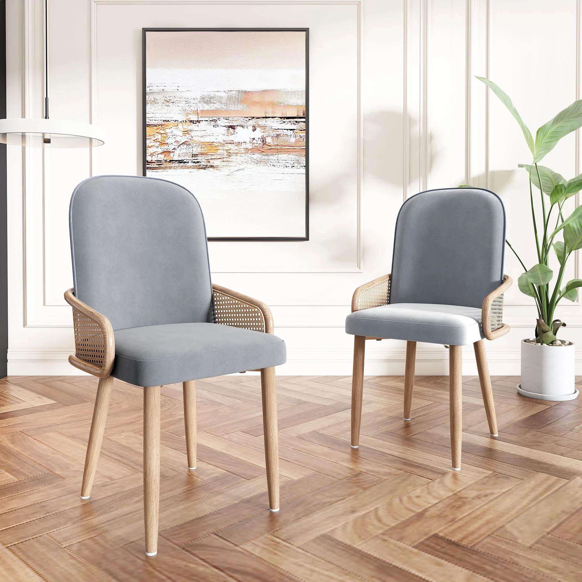 Velvet Dining Chair Set of 6 with Rattan Design and Metal Legs, Grey - Image 3