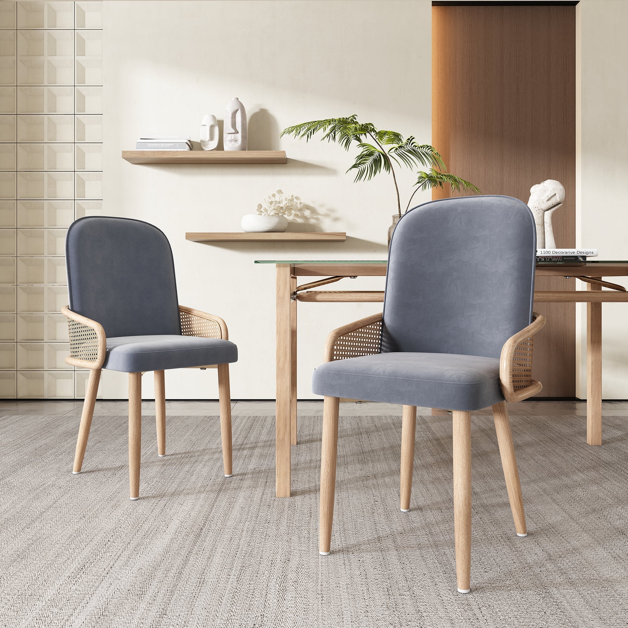 Velvet Dining Chair Set of 6 with Rattan Design and Metal Legs, Grey - Image 4