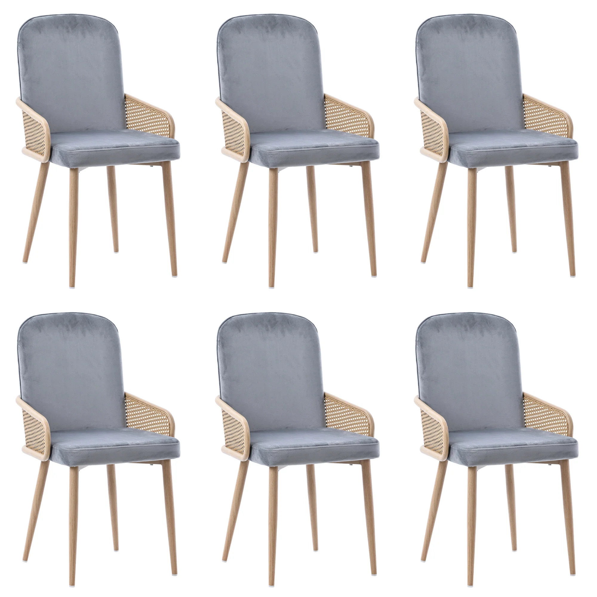 Velvet Dining Chair Set of 6 with Rattan Design and Metal Legs, Grey - Image 6