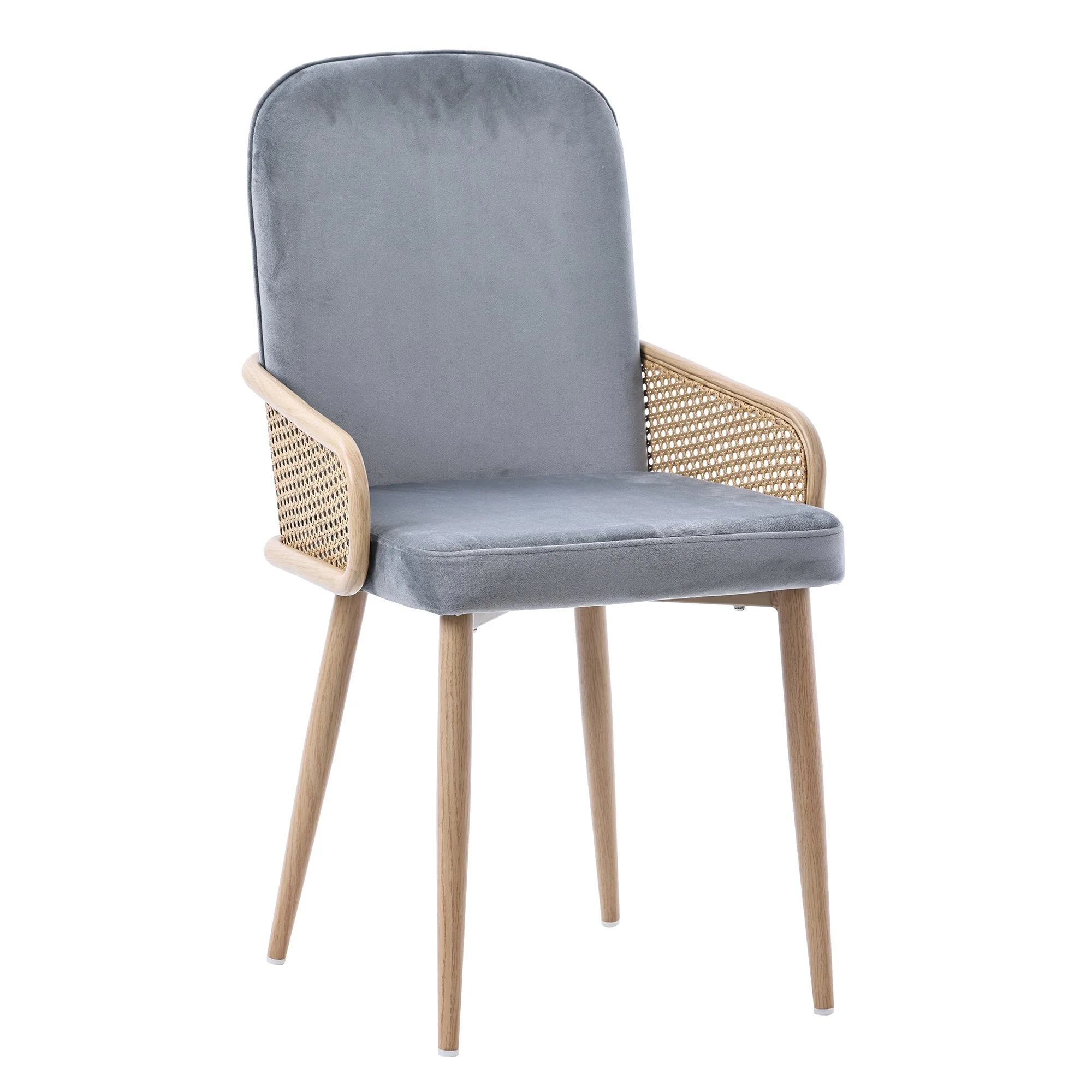 Velvet Dining Chair Set of 6 with Rattan Design and Metal Legs, Grey - Image 8