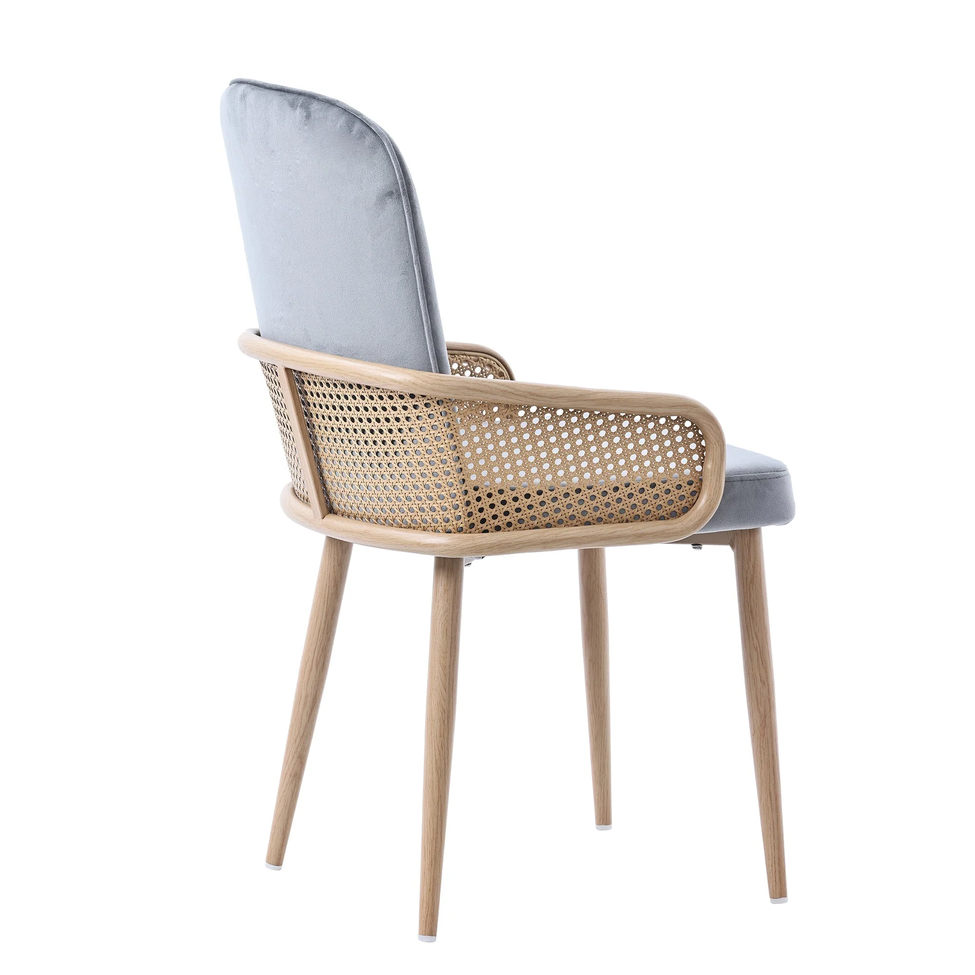Velvet Dining Chair Set of 6 with Rattan Design and Metal Legs, Grey - Image 9