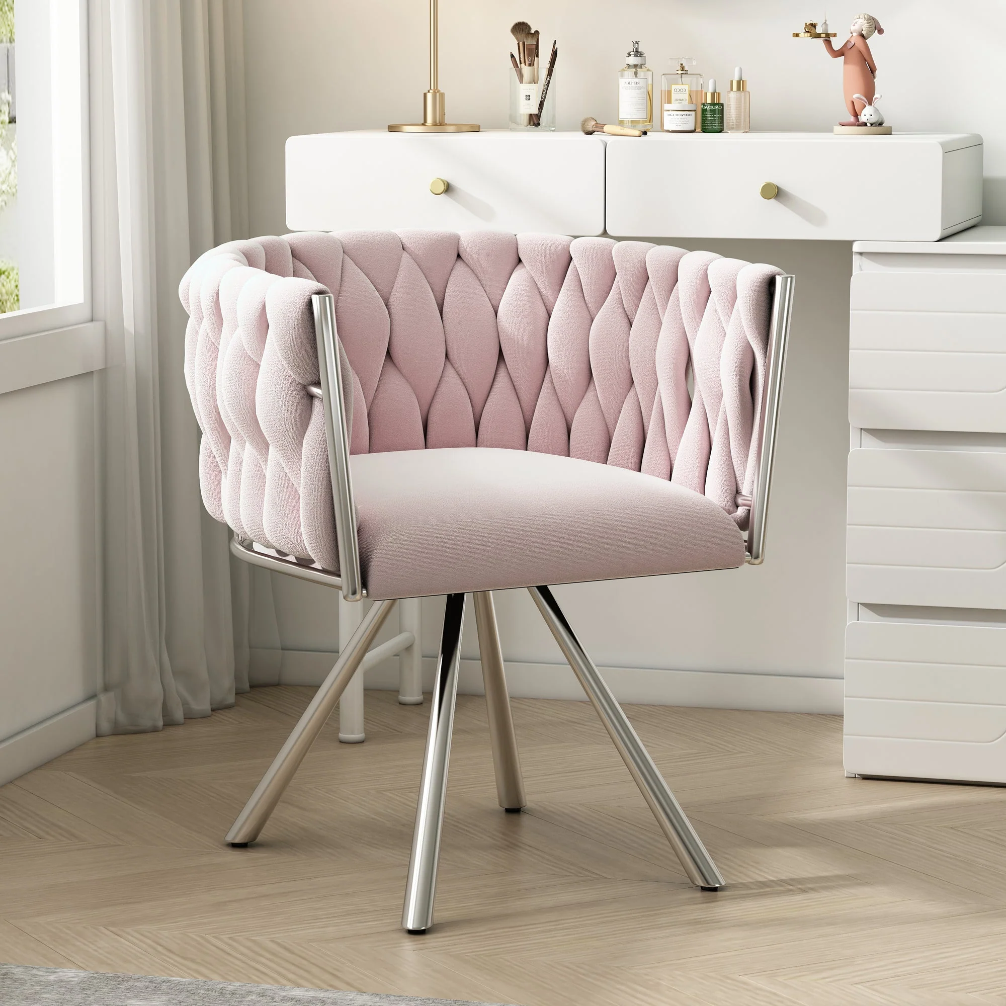 Velvet Dining Chair, Single Light Luxury Living Room Bedroom Swivel Chair with Four Metal Support Legs, Pink - Image 2