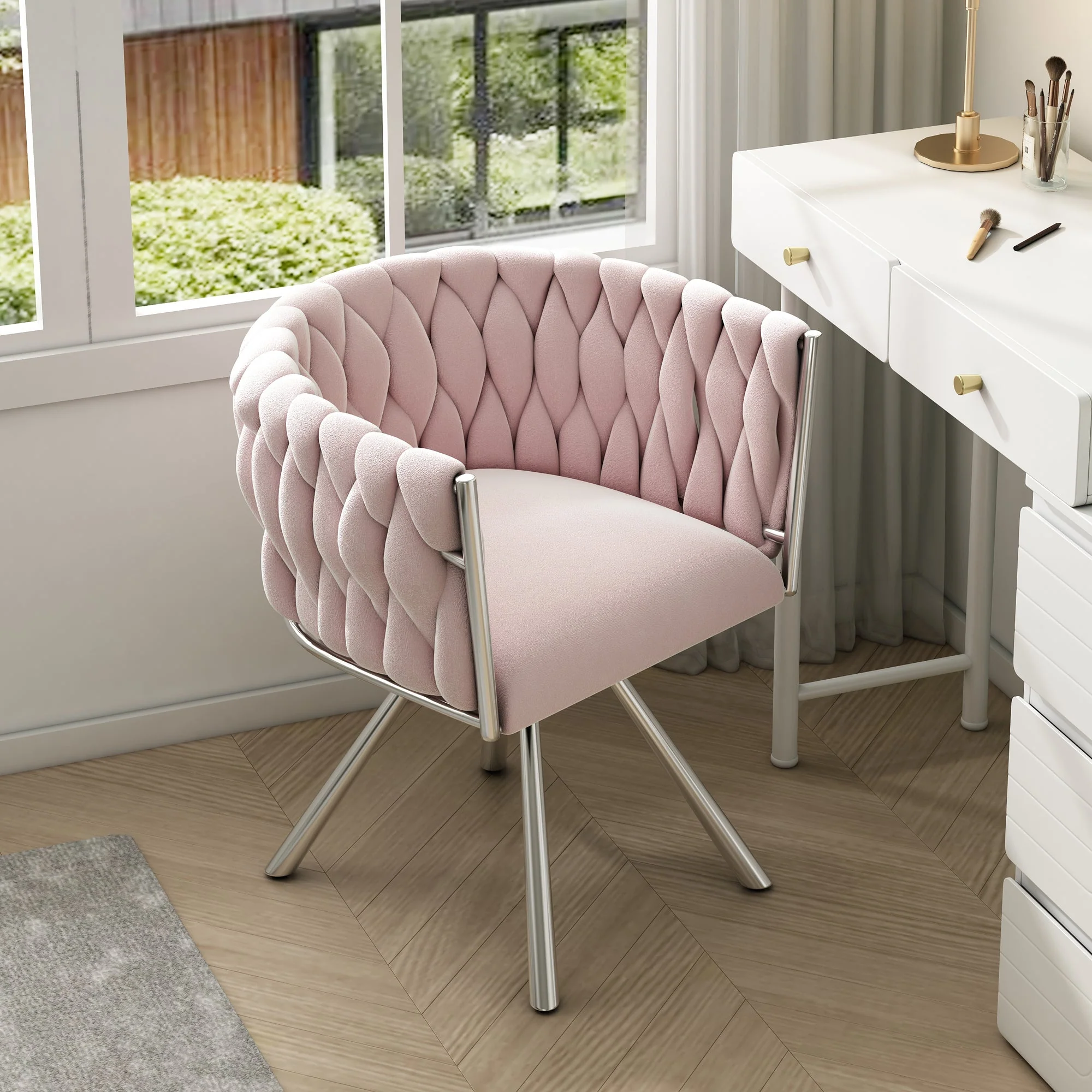 Velvet Dining Chair, Single Light Luxury Living Room Bedroom Swivel Chair with Four Metal Support Legs, Pink - Image 3