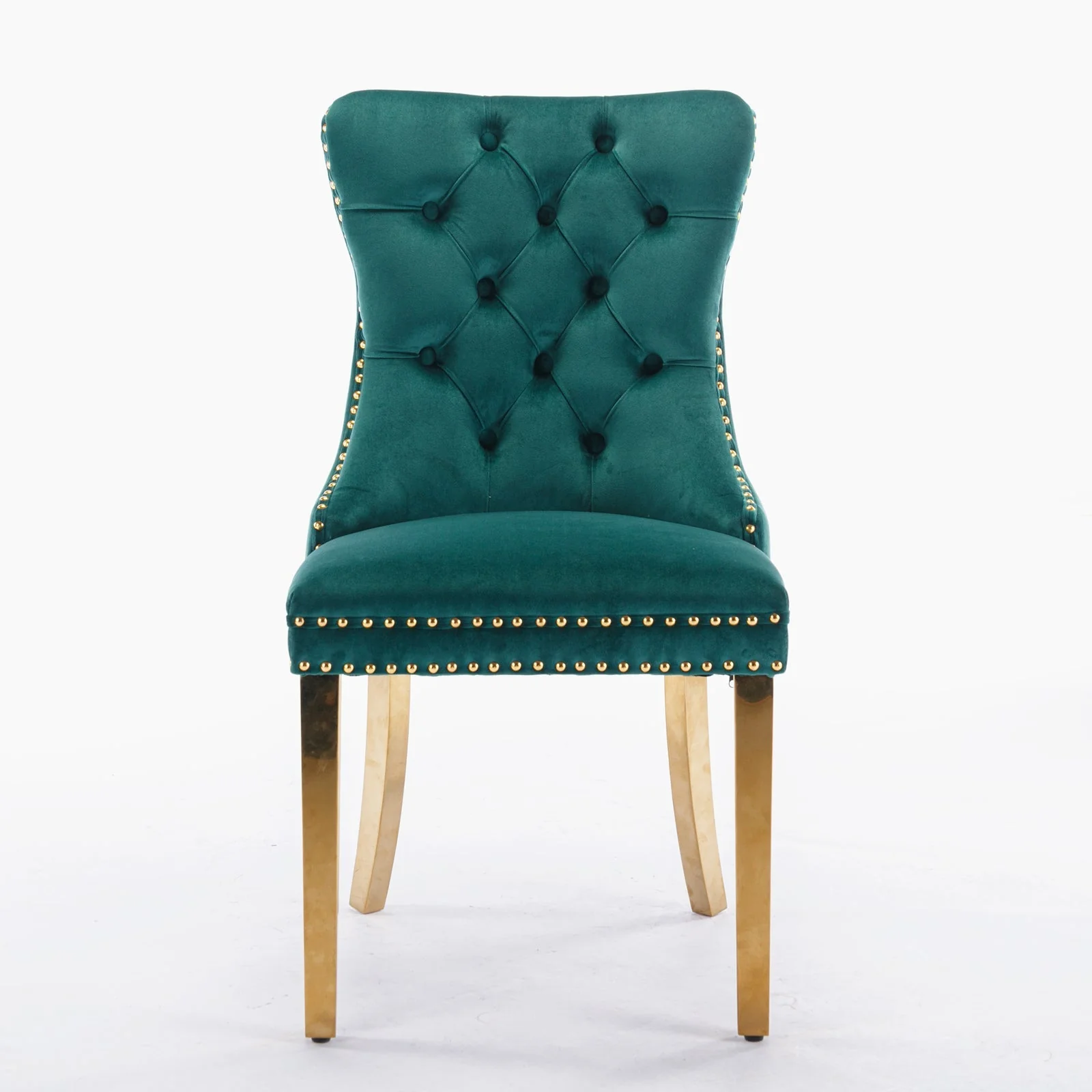 Velvet Dining Chair Tufted Solid Wood Golden Legs Set of 2 - Green - Image 2