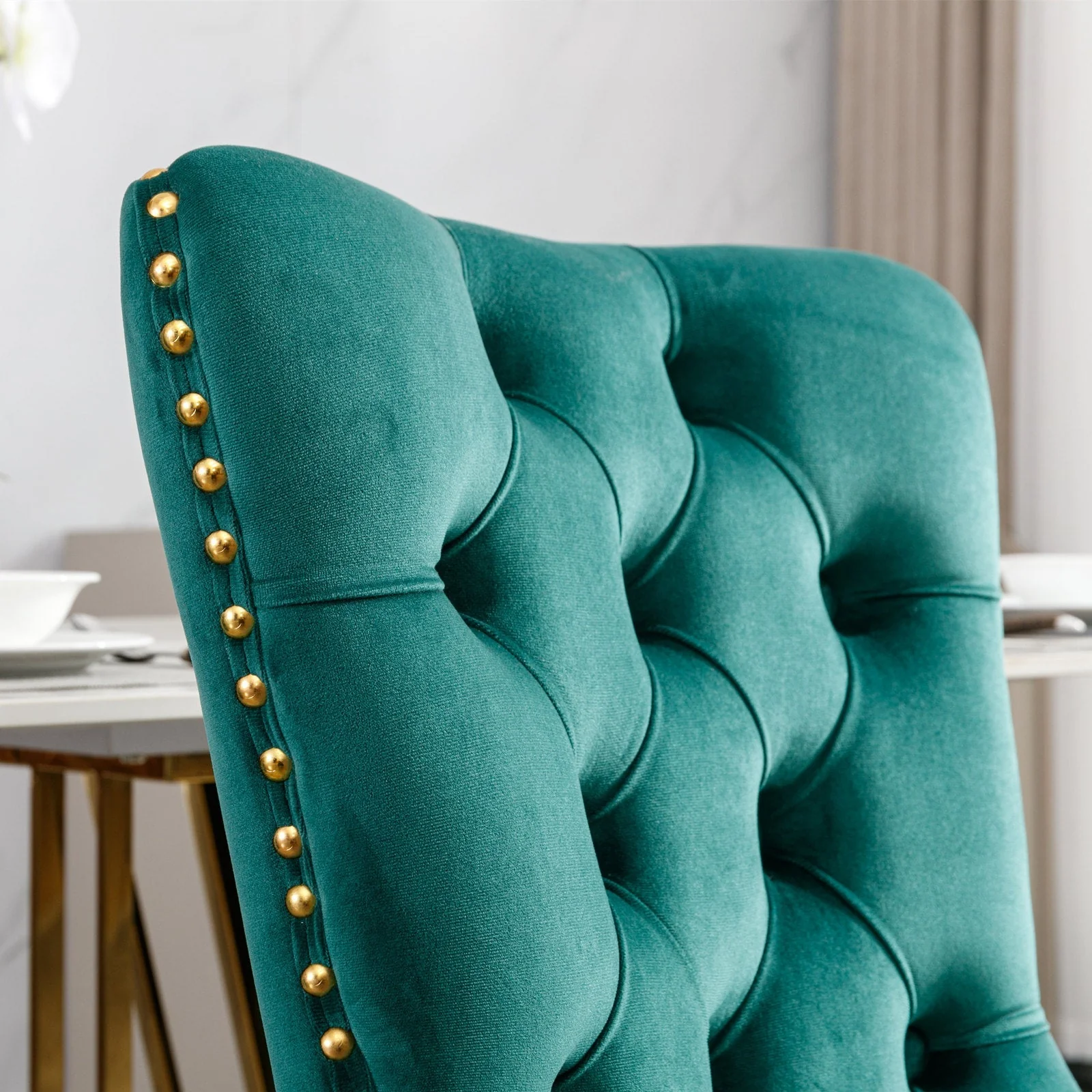 Velvet Dining Chair Tufted Solid Wood Golden Legs Set of 2 - Green - Image 8