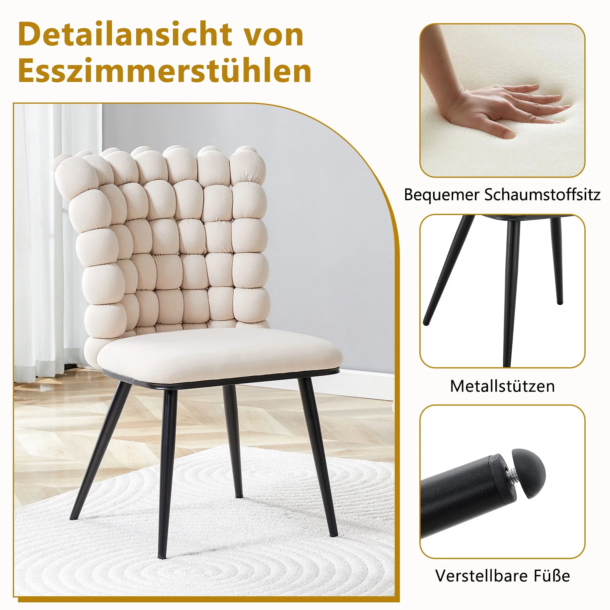 Velvet Dining Chairs Set of 2 Ball Design Metal Legs - Cream White - Image 4