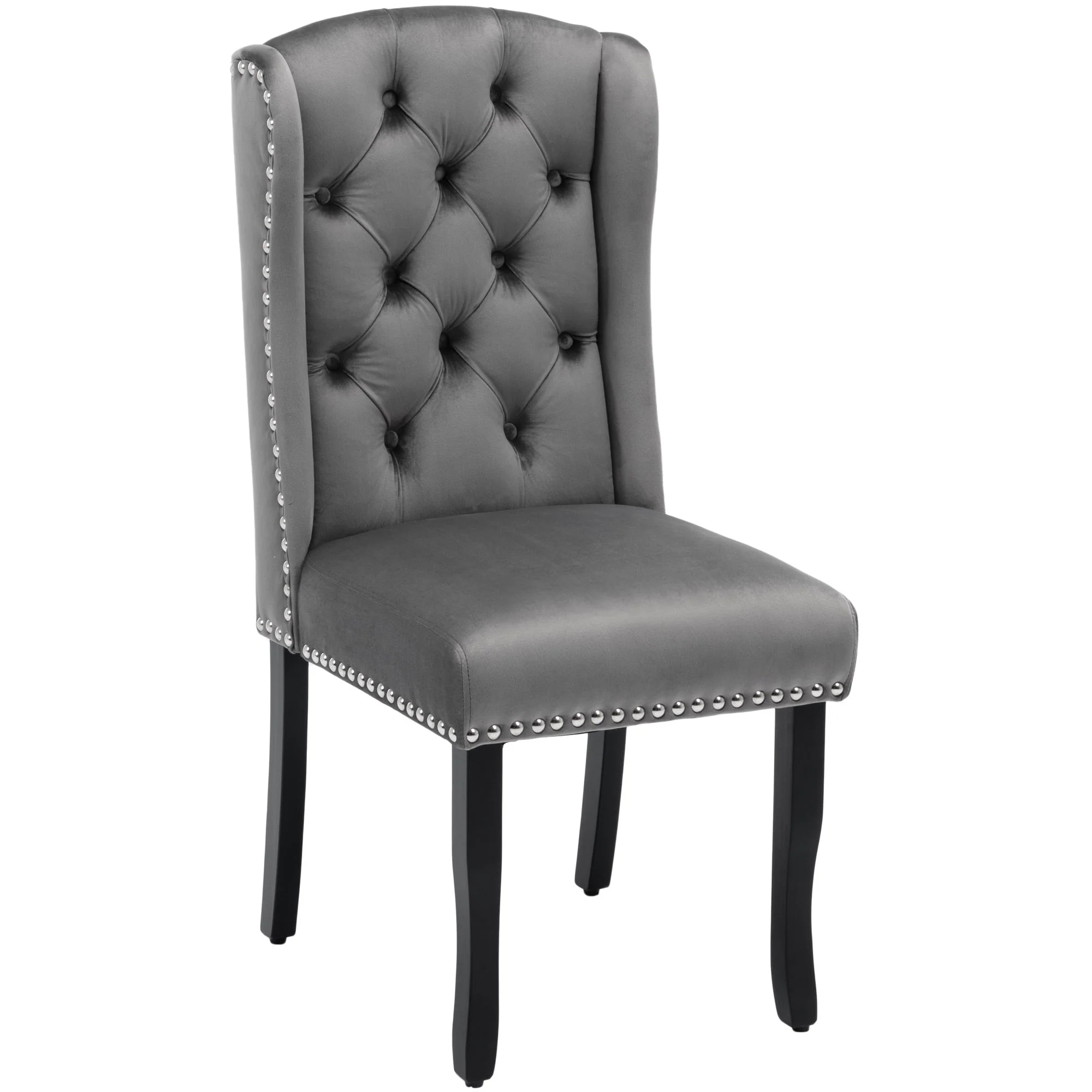 Velvet Dining Chairs Set of 2 Oak Legs Nailhead Trim - Grey - Image 6