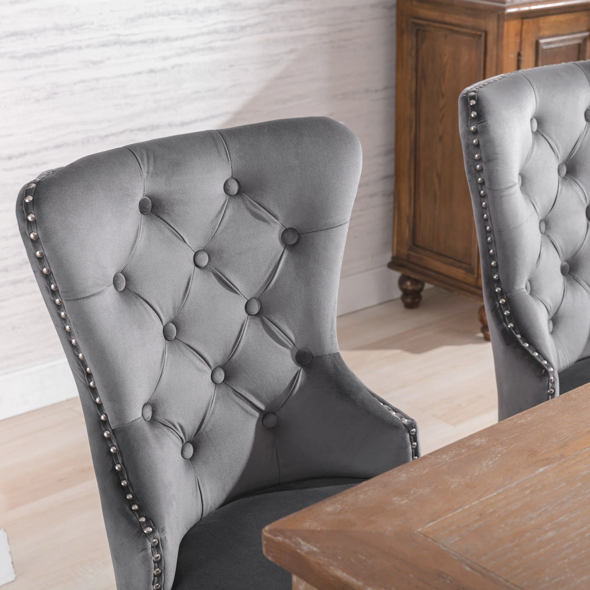 Velvet Dining Chairs, Set of 4, Oak Legs, Chrome Knocker, Nailhead Trim (Grey) - Image 2