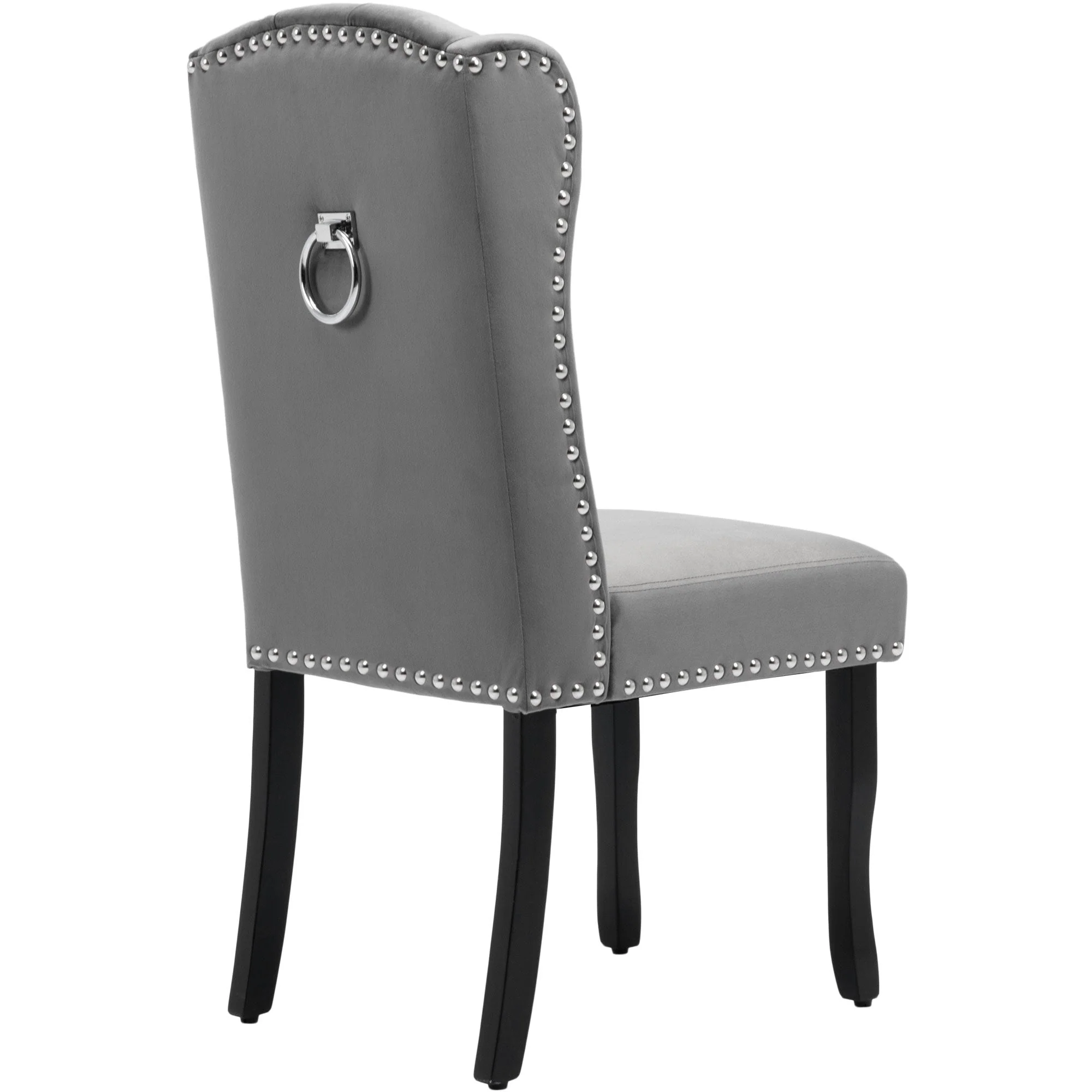 Velvet Dining Chairs Set of 6 | Oak Legs Chrome Knocker Nailhead Trim - Grey - Image 7