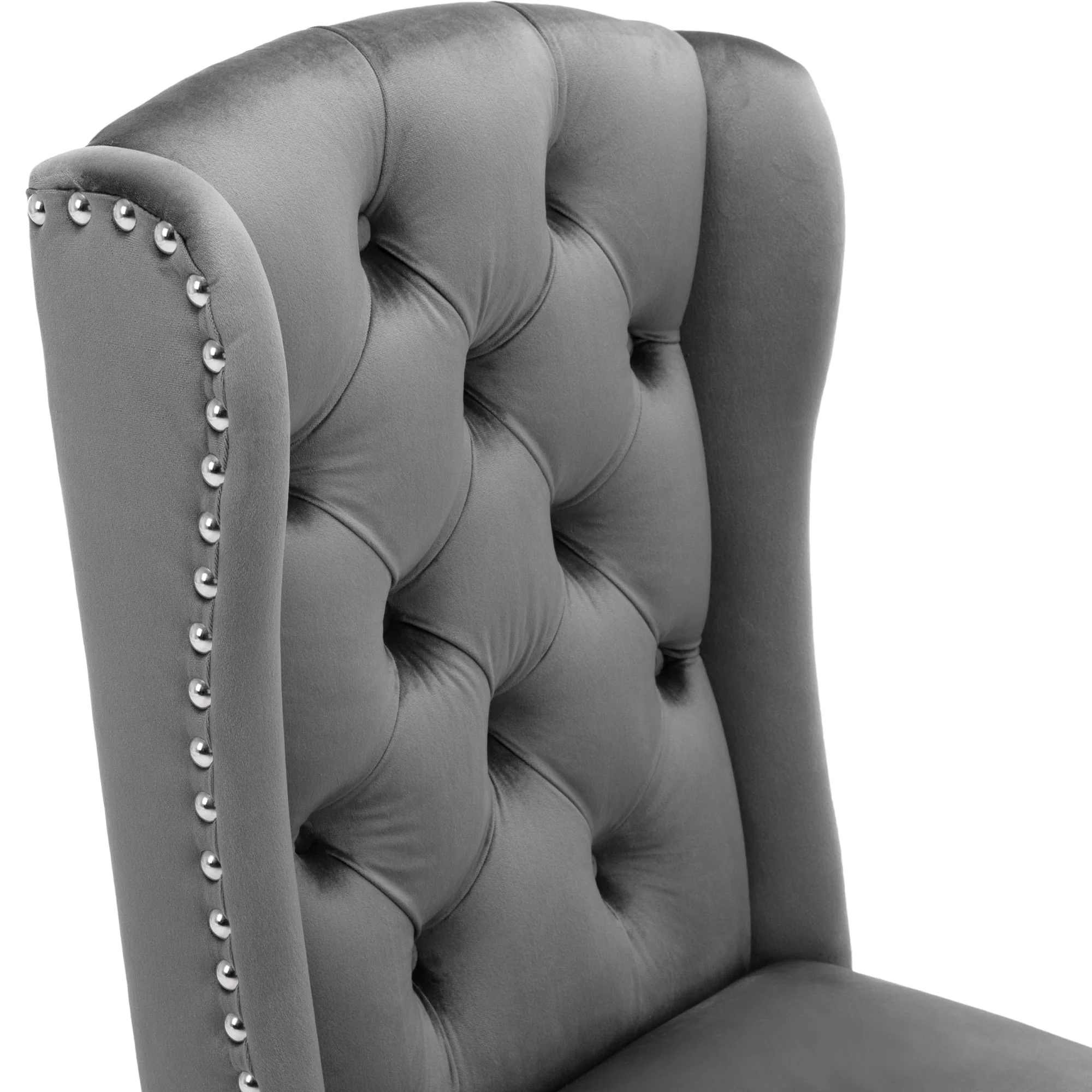 Velvet Dining Chairs Set of 6 | Oak Legs Chrome Knocker Nailhead Trim - Grey - Image 9