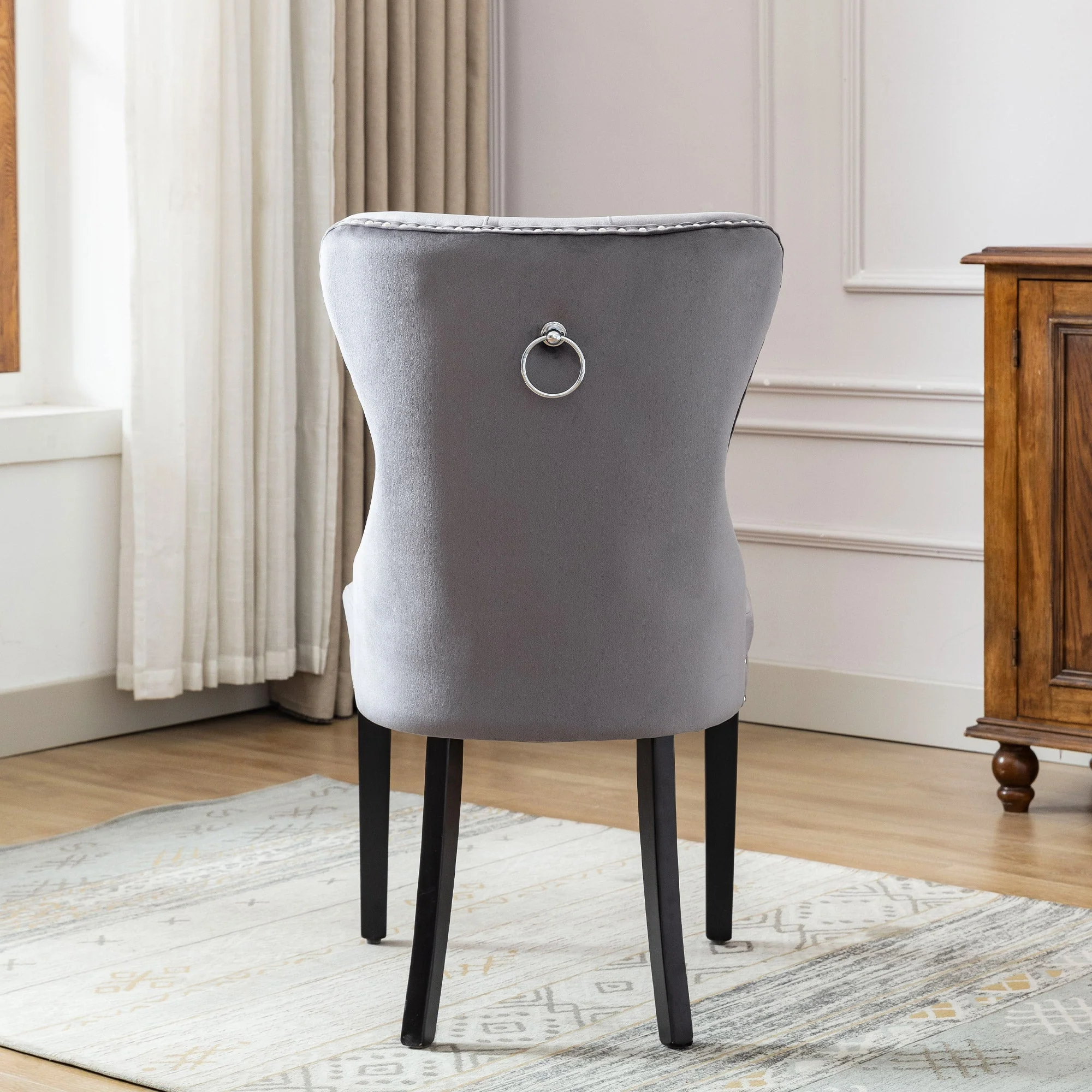 Velvet Dining Chairs Set of 6 with Oak Legs and Chrome Knocker, Grey Velvet - Image 10