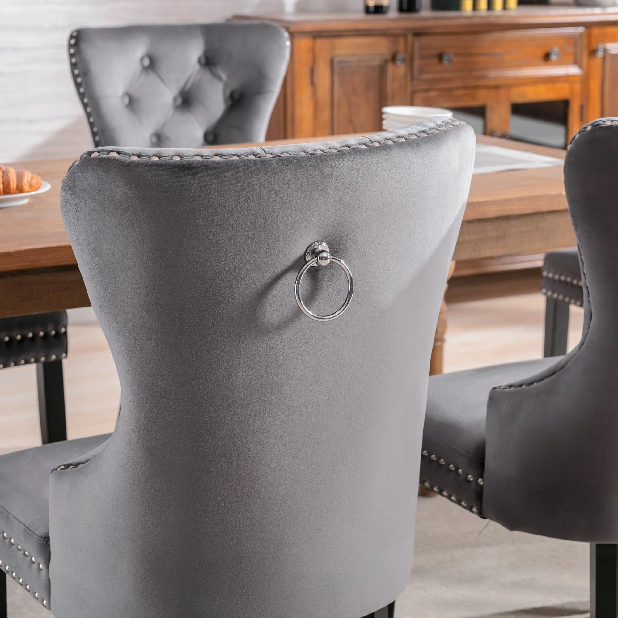 Velvet Dining Chairs Set of 6 with Oak Legs and Chrome Knocker, Grey Velvet - Image 3