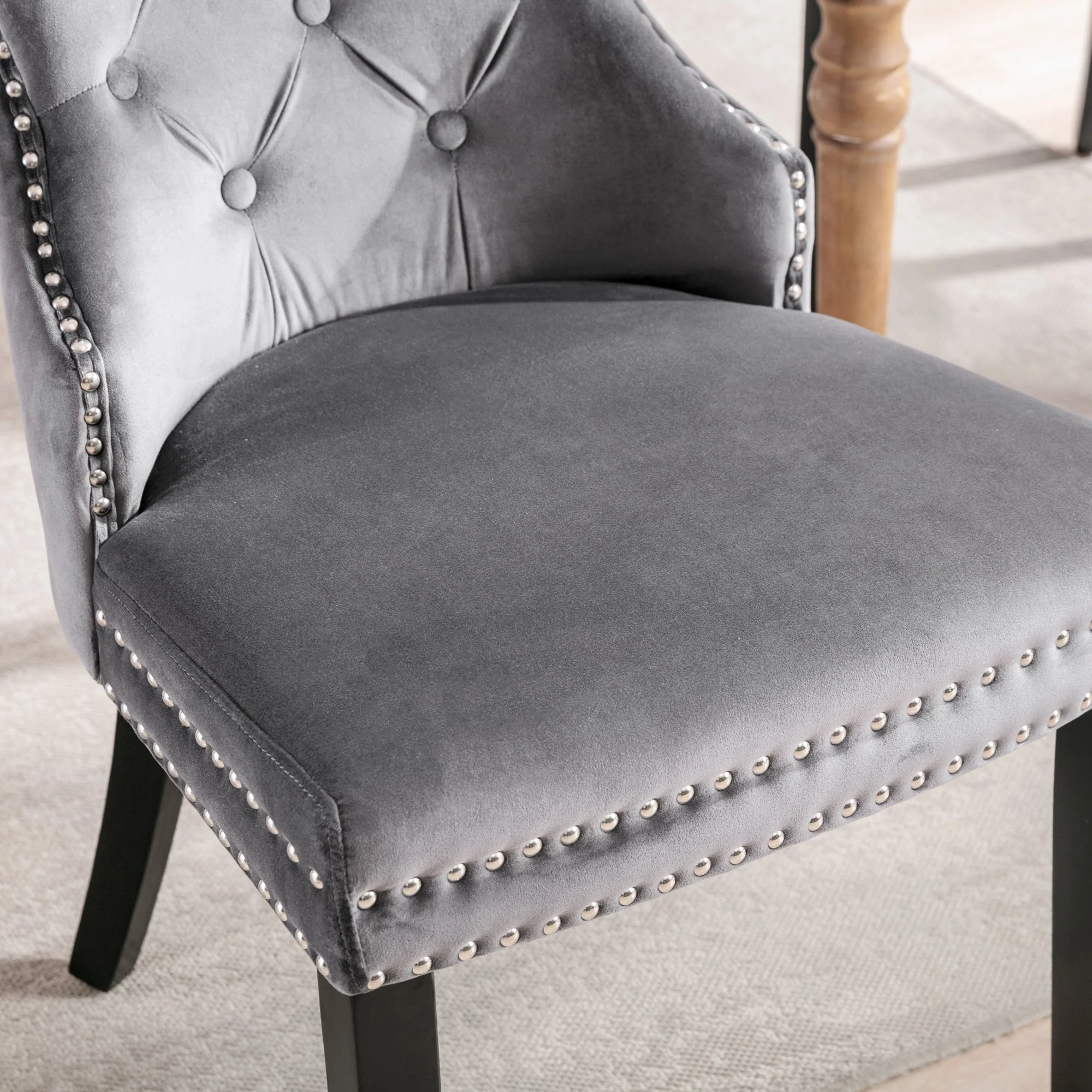Velvet Dining Chairs Set of 6 with Oak Legs and Chrome Knocker, Grey Velvet - Image 4