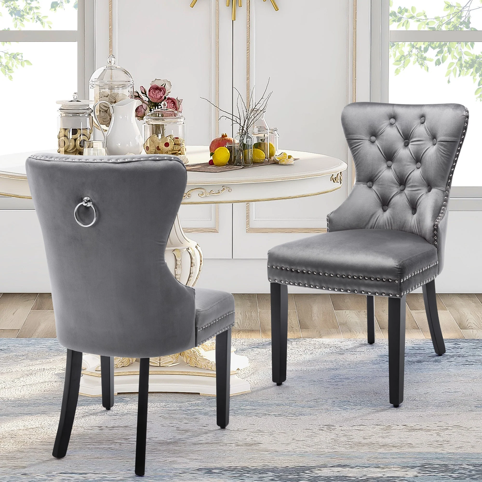 Velvet Dining Chairs Set of 6 with Oak Legs and Chrome Knocker, Grey Velvet - Image 5