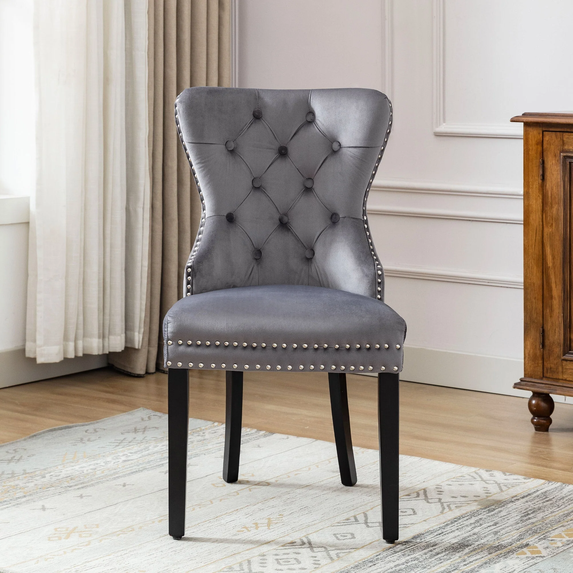 Velvet Dining Chairs Set of 6 with Oak Legs and Chrome Knocker, Grey Velvet - Image 6