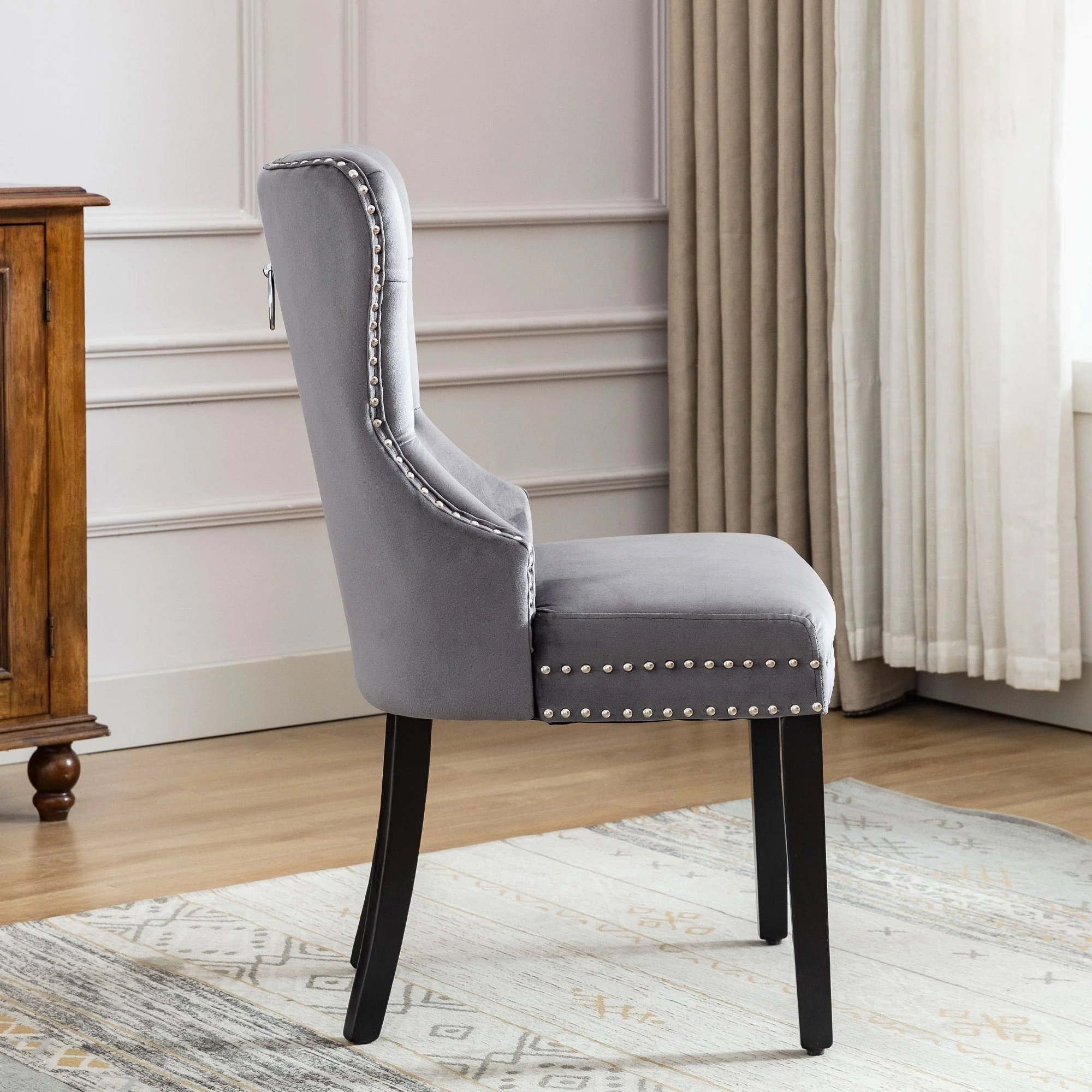 Velvet Dining Chairs Set of 6 with Oak Legs and Chrome Knocker, Grey Velvet - Image 7