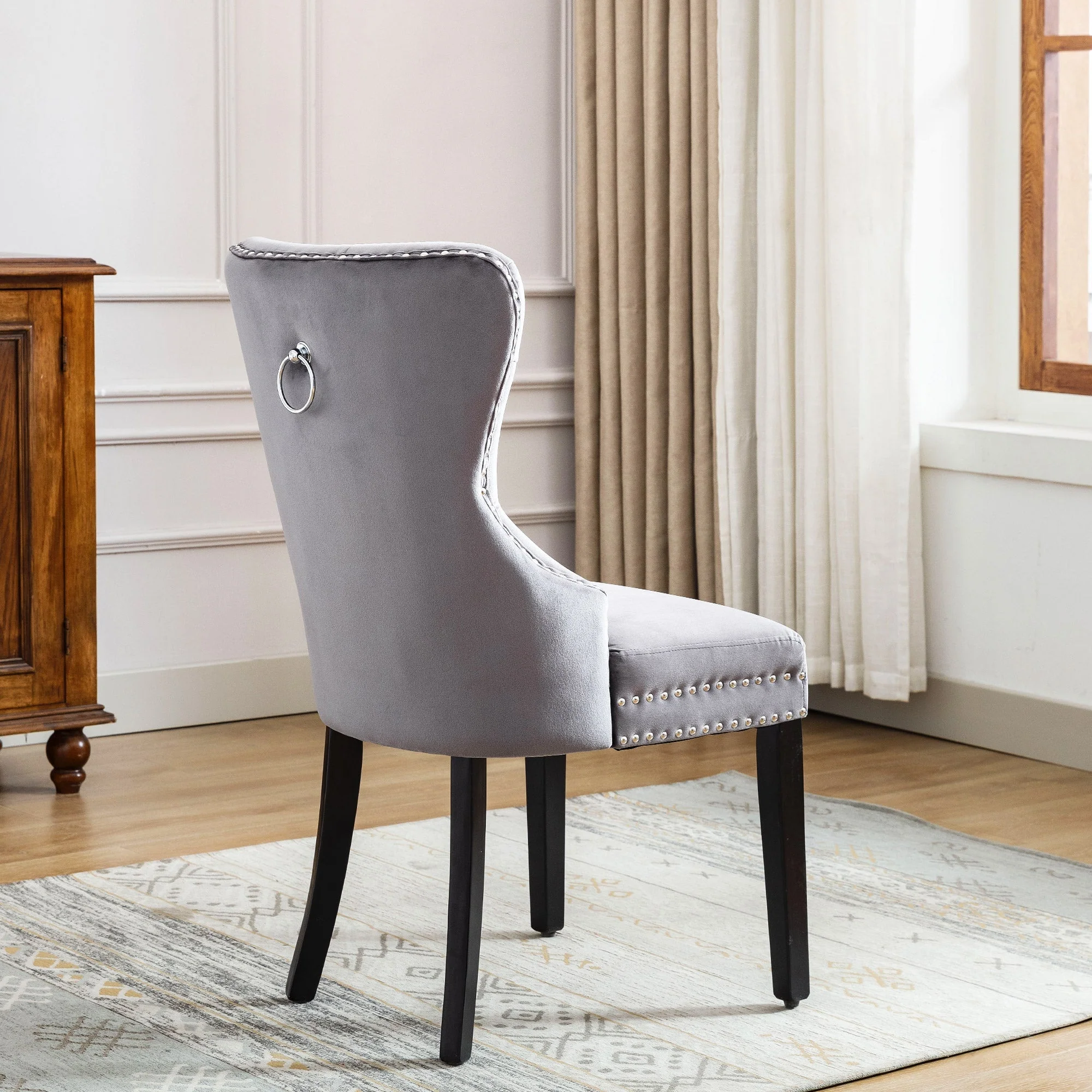 Velvet Dining Chairs Set of 6 with Oak Legs and Chrome Knocker, Grey Velvet - Image 8