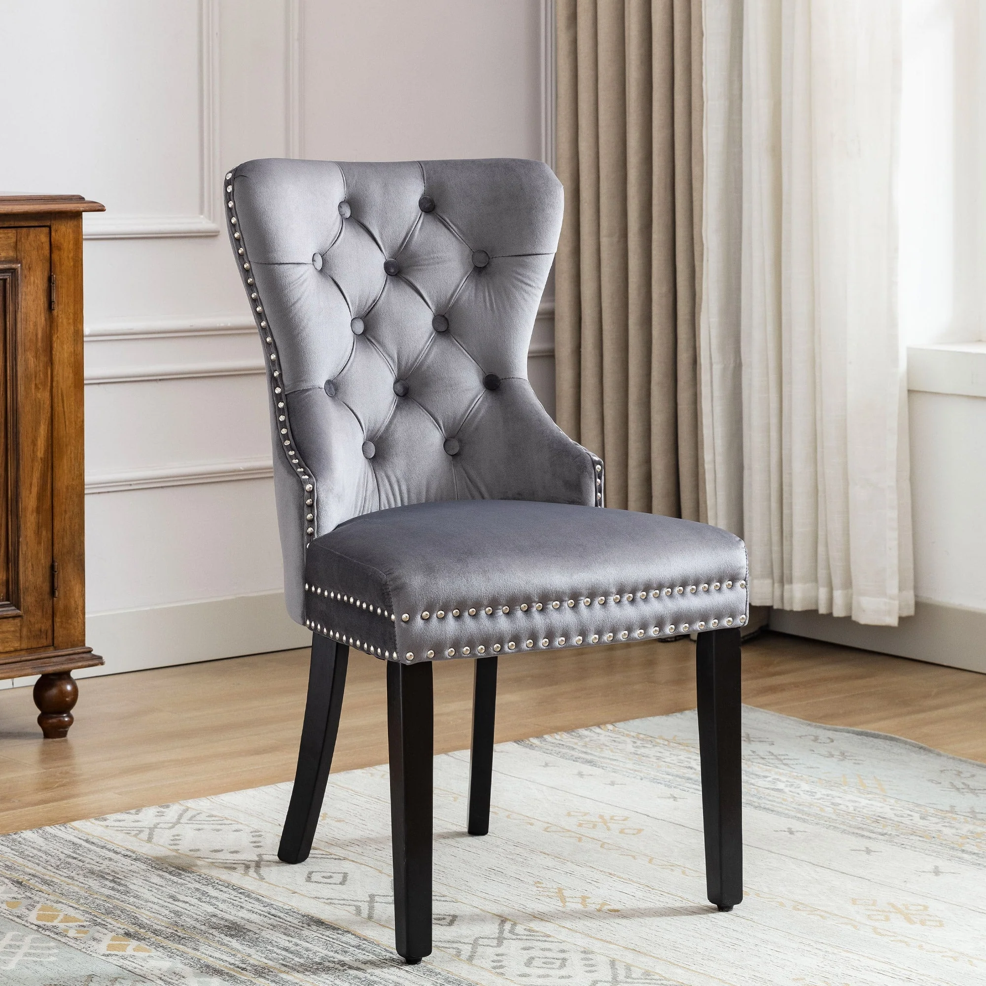 Velvet Dining Chairs Set of 6 with Oak Legs and Chrome Knocker, Grey Velvet - Image 9