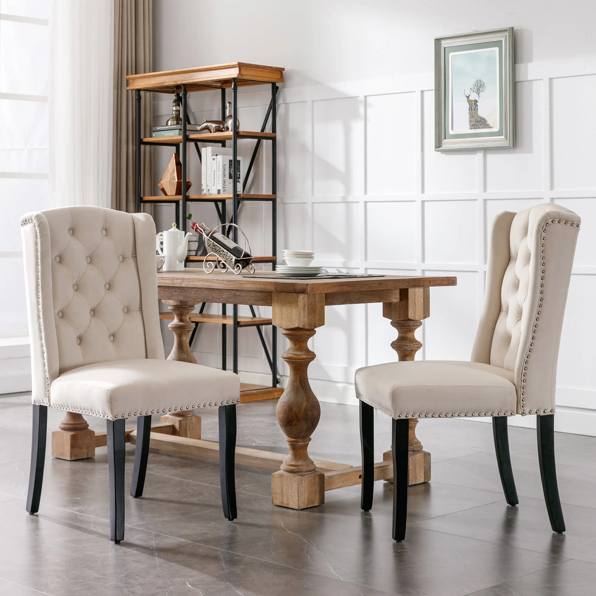 Velvet Dining Chairs Set of 6 with Oak Legs and Chrome Knockers, Beige - Image 13