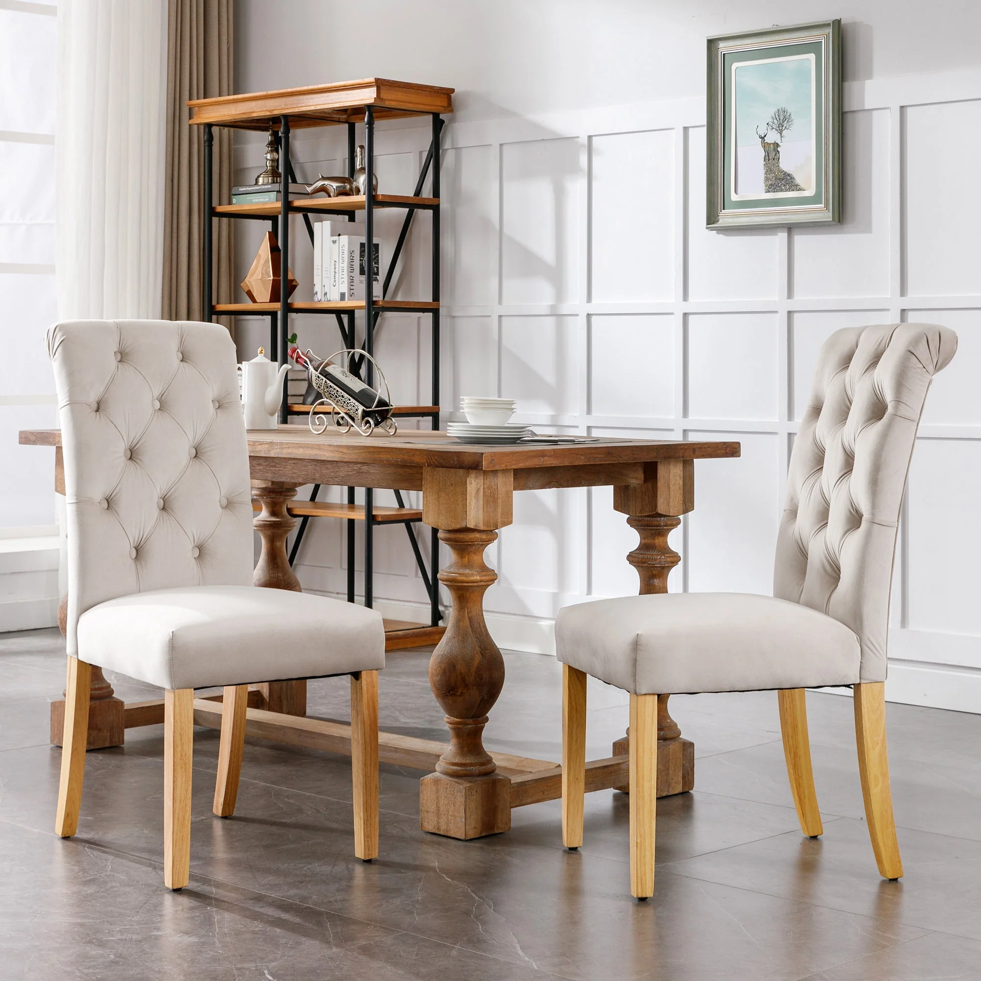 Velvet Dining Chairs Set of 6 with Oak Legs and Chrome Knockers, Beige - Image 3