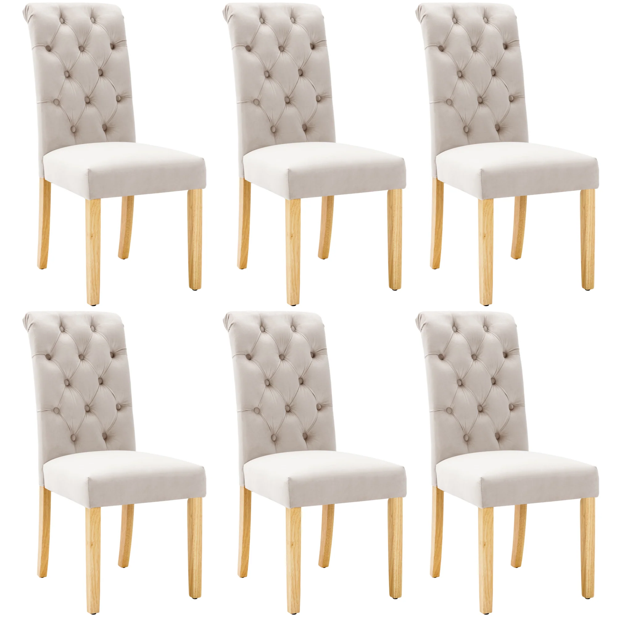 Velvet Dining Chairs Set of 6 with Oak Legs and Chrome Knockers, Beige - Image 5