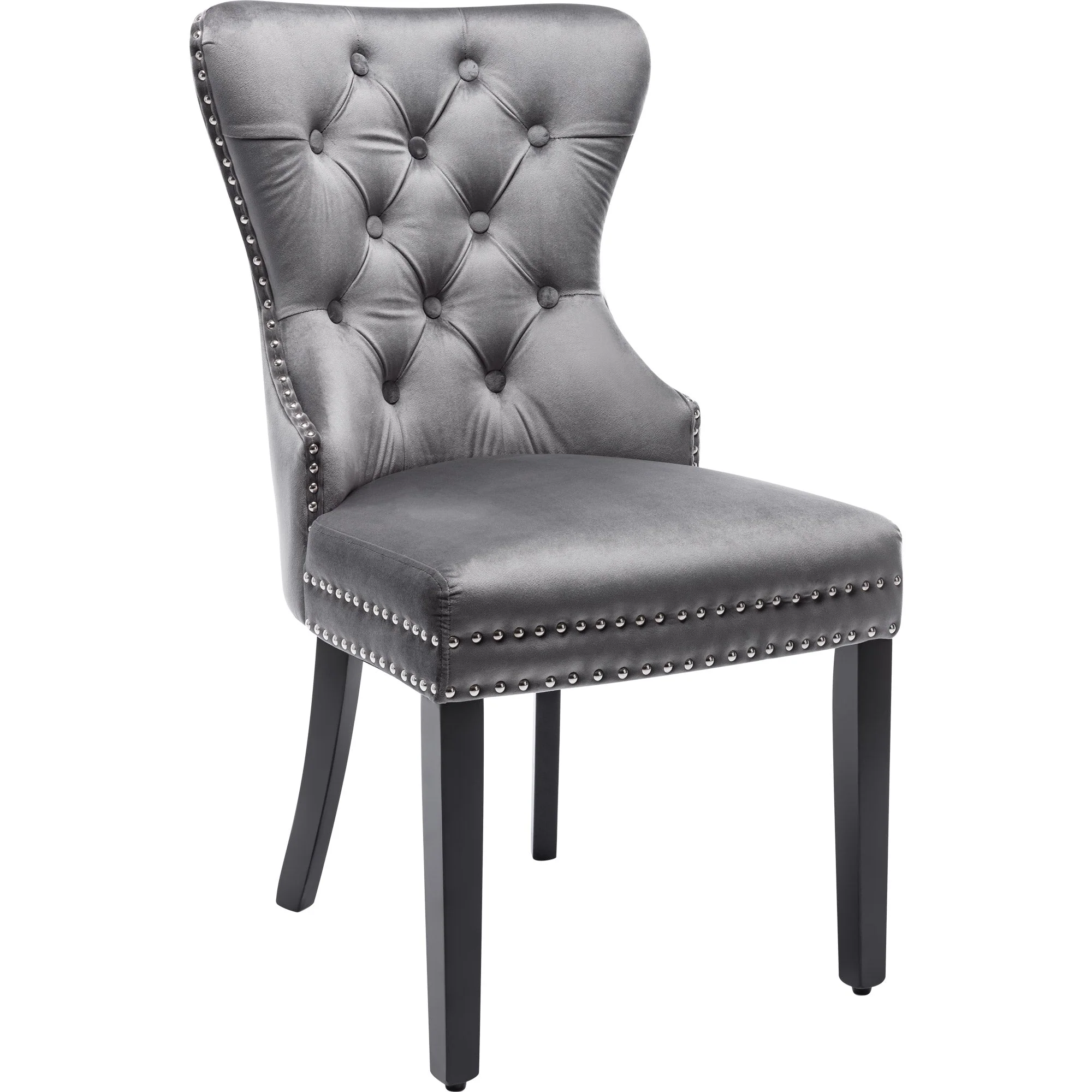 Velvet Dining Chairs Set of 6 with Oak Legs, Chrome Knocker and Nailhead Trim, Grey - Image 7