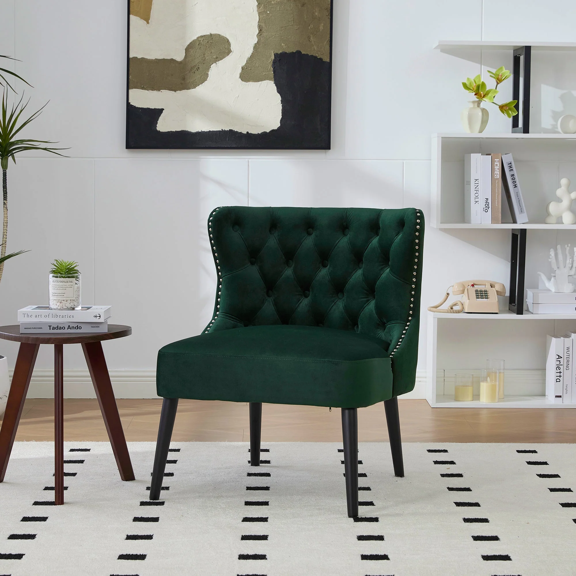 Velvet Single Sofa Chair, Modern Armless Button-Front Studded Trim Solid Wood Legs, Velvet
