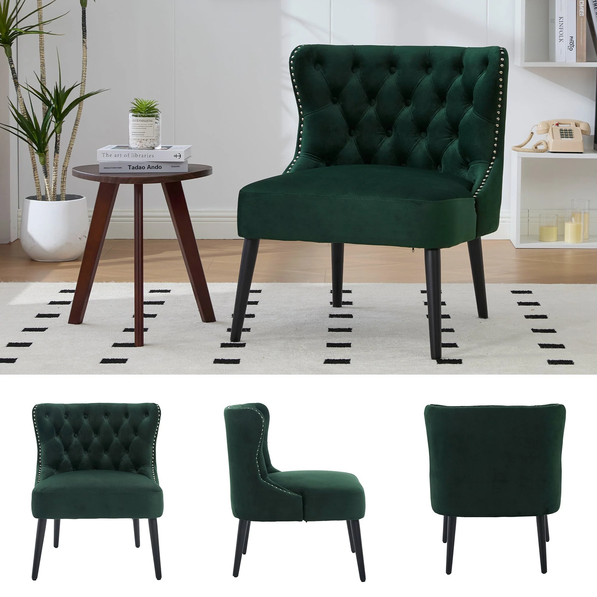 Velvet Single Sofa Chair, Modern Armless Button-Front Studded Trim Solid Wood Legs, Velvet - Image 2
