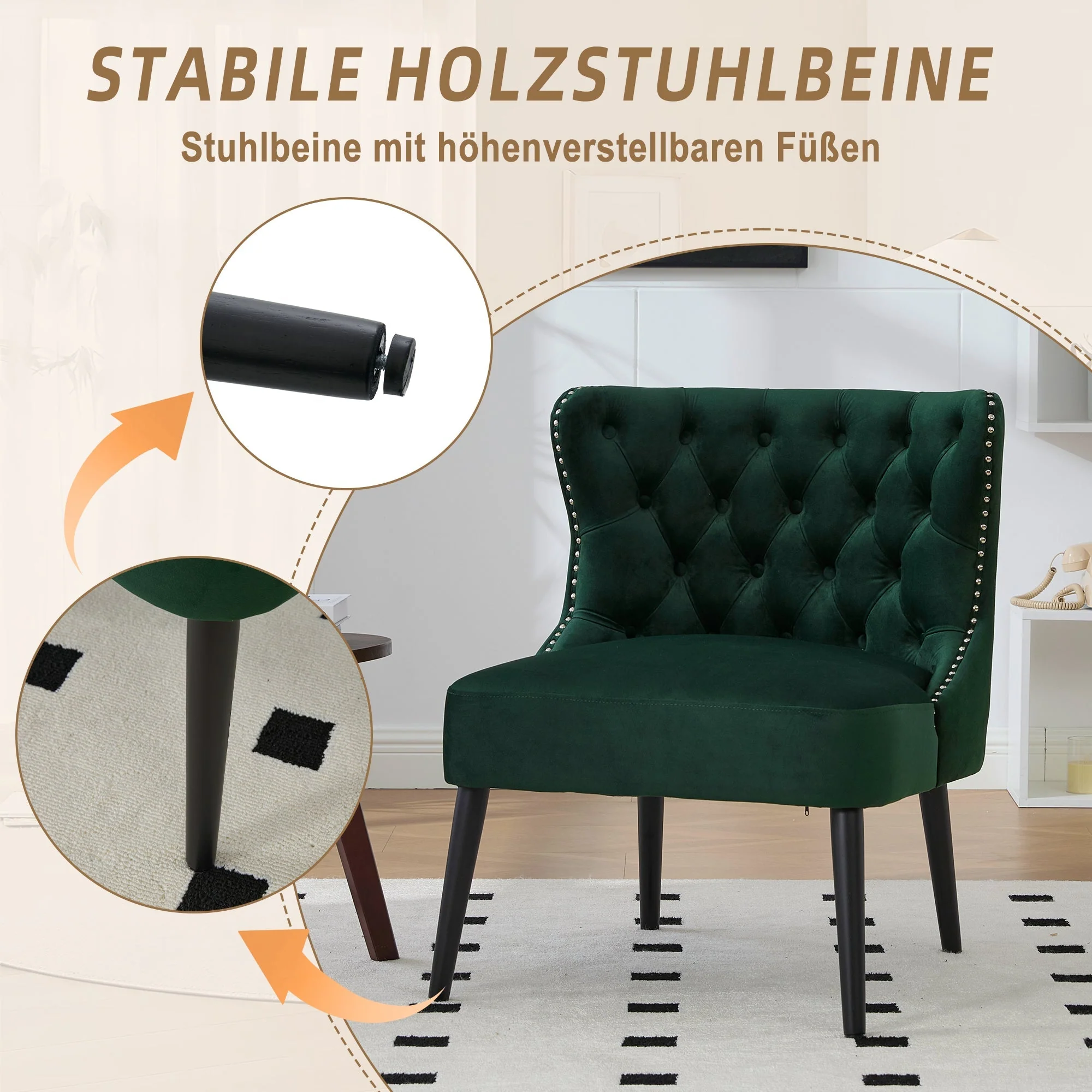 Velvet Single Sofa Chair, Modern Armless Button-Front Studded Trim Solid Wood Legs, Velvet - Image 4