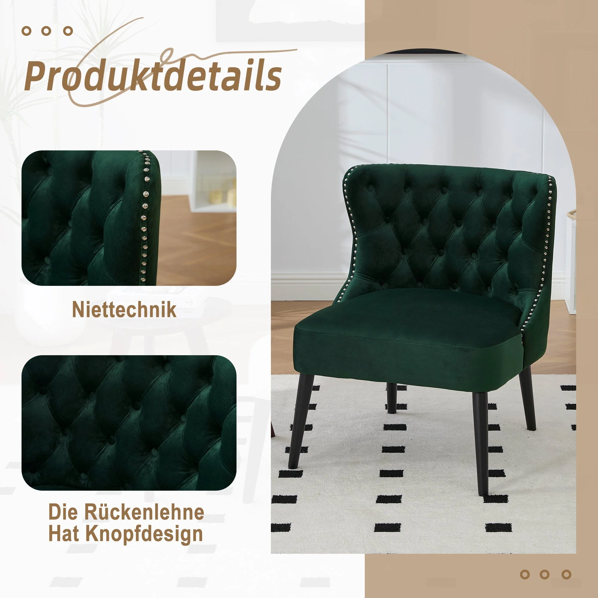Velvet Single Sofa Chair, Modern Armless Button-Front Studded Trim Solid Wood Legs, Velvet - Image 5