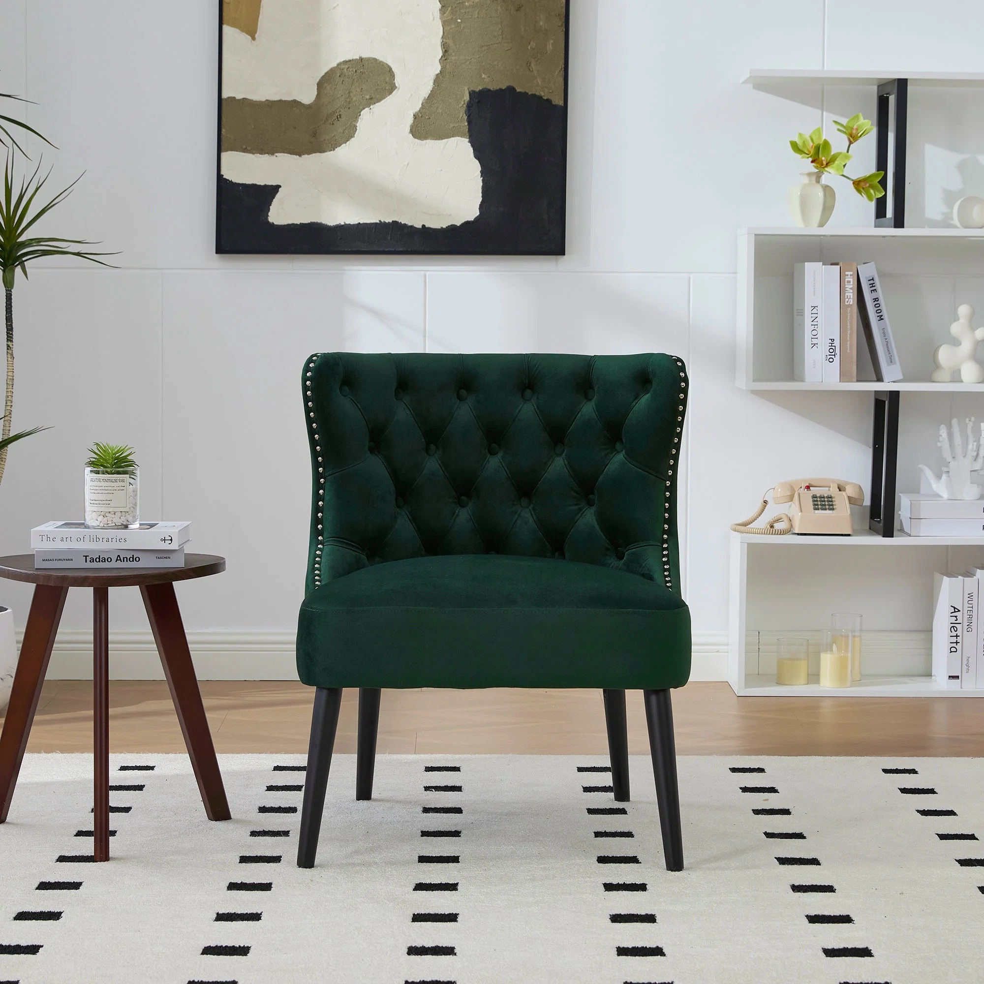 Velvet Single Sofa Chair, Modern Armless Button-Front Studded Trim Solid Wood Legs, Velvet - Image 8